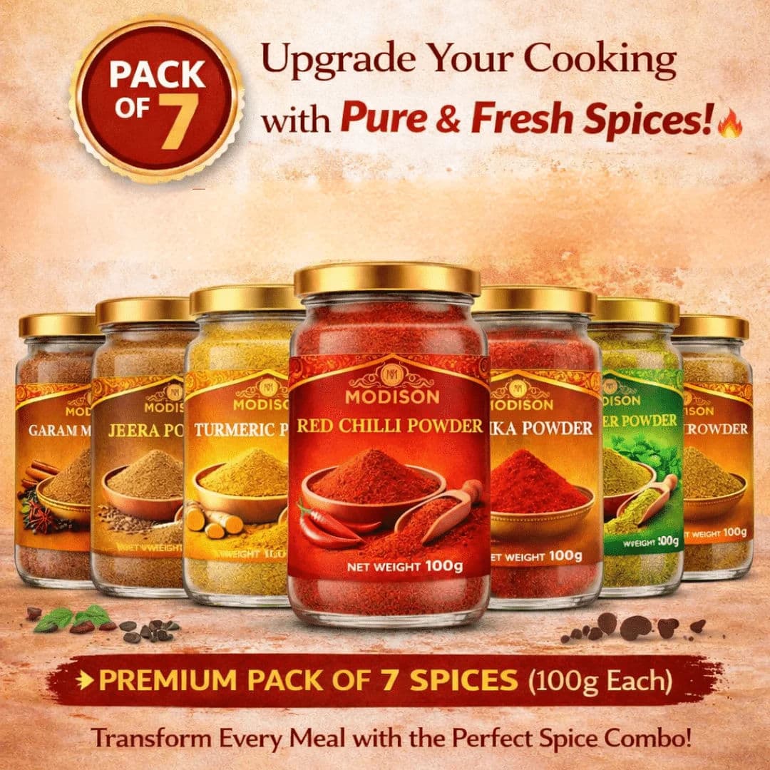 Modison Premium Pack of 7 Spices (100g Each) – Red Chilli, Turmeric, Coriander, Jeera, Garam Masala, Paprika & Black Pepper Powde by Modison
