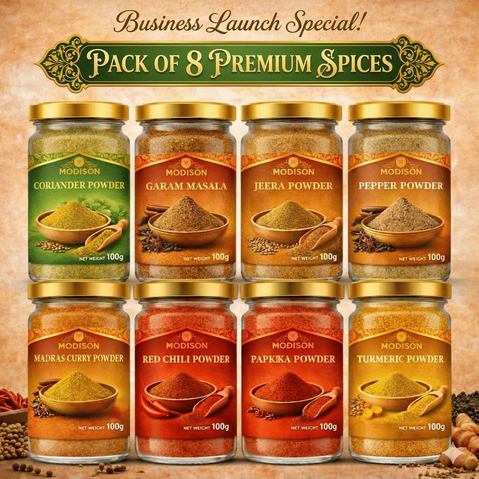 Modison Premium Spice Combo Pack of 8 (100g Each) β Pure & Fresh Indian Masala Set by Modison, view 2