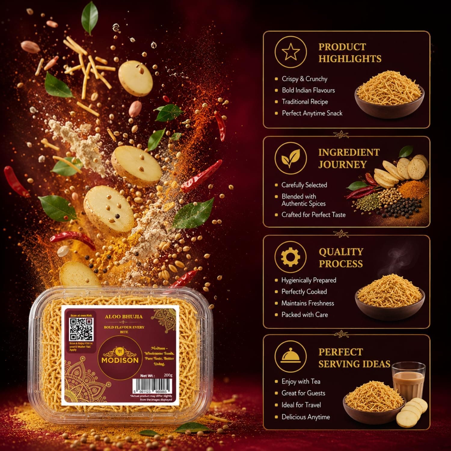 MODISON Aloo Bhujia Authentic Indian Namkeen Snack 200g by Modison, view 2