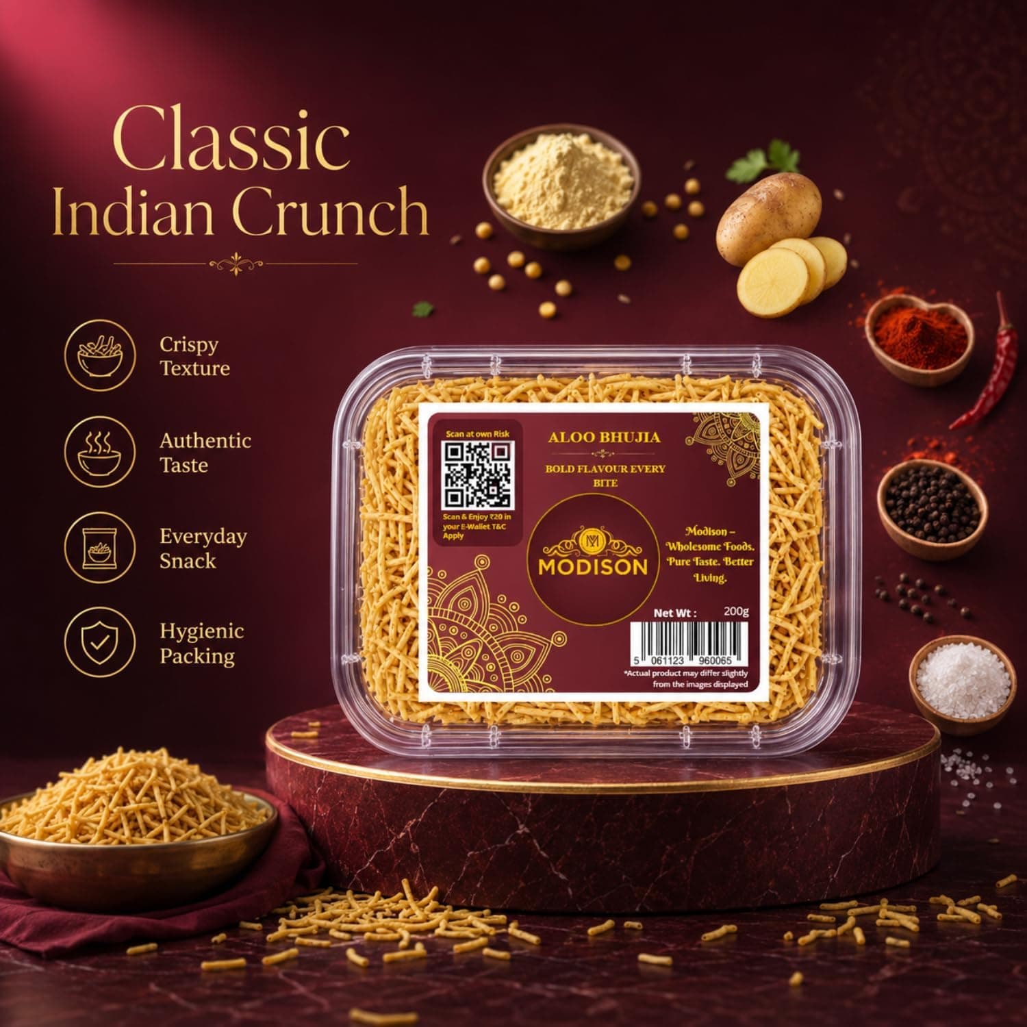 MODISON Aloo Bhujia Authentic Indian Namkeen Snack 200g by Modison, view 3