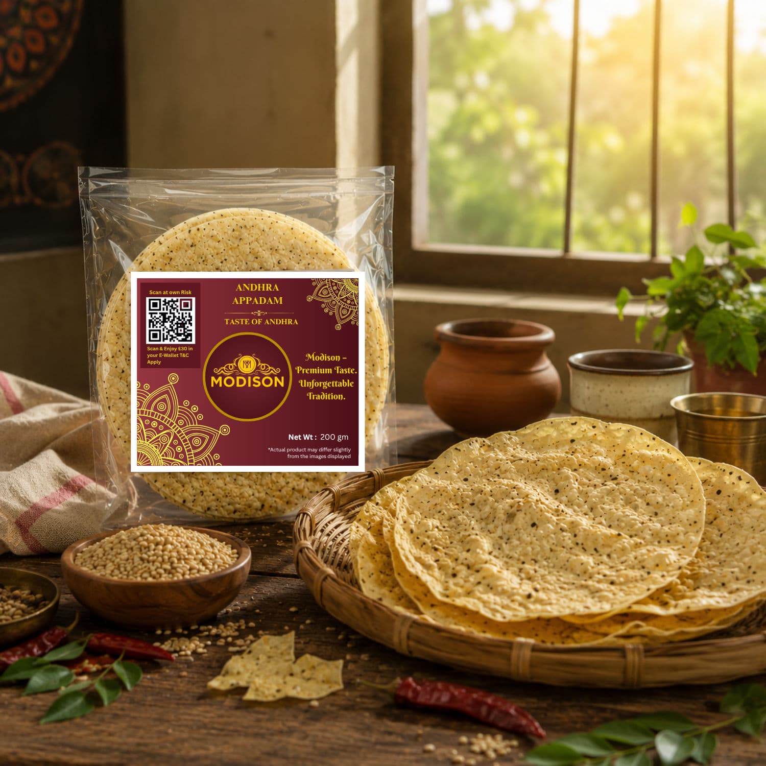 MODISON Andhra Appadam Indian Papad Crispy Lentil Wafer 200g by Modison, view 2
