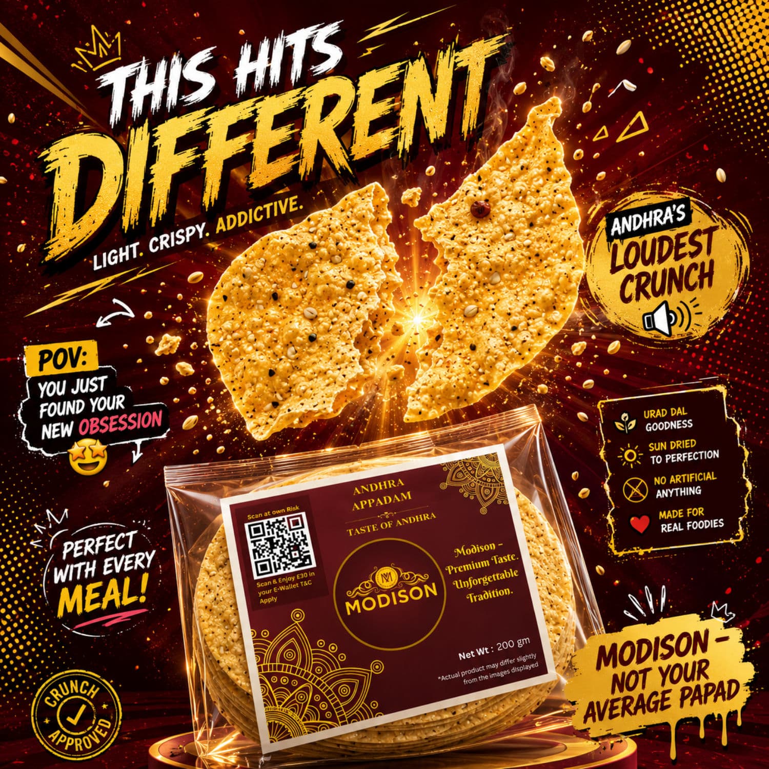 MODISON Andhra Appadam Indian Papad Crispy Lentil Wafer 200g by Modison, view 4