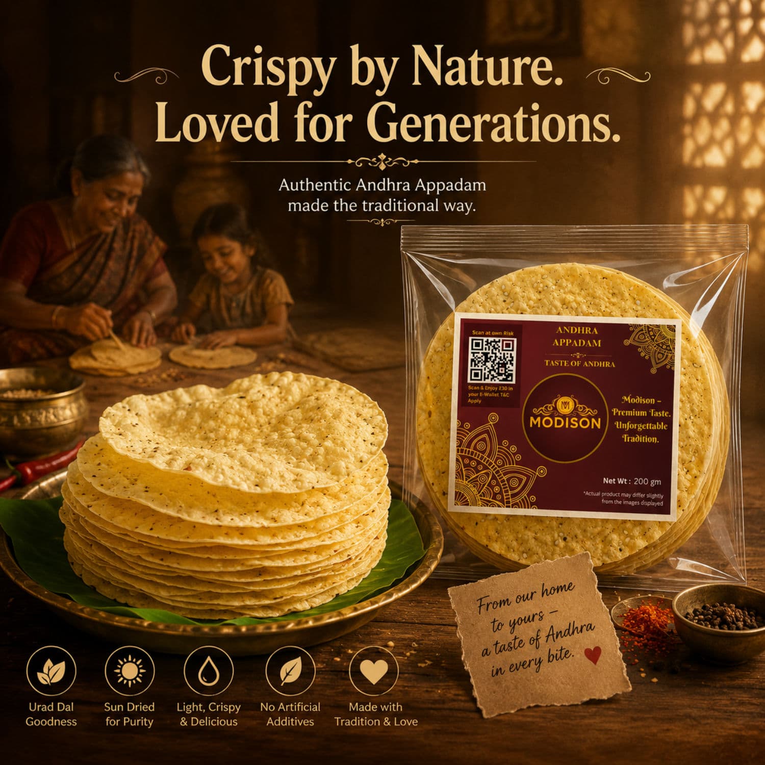MODISON Andhra Appadam Indian Papad Crispy Lentil Wafer 200g by Modison, view 5