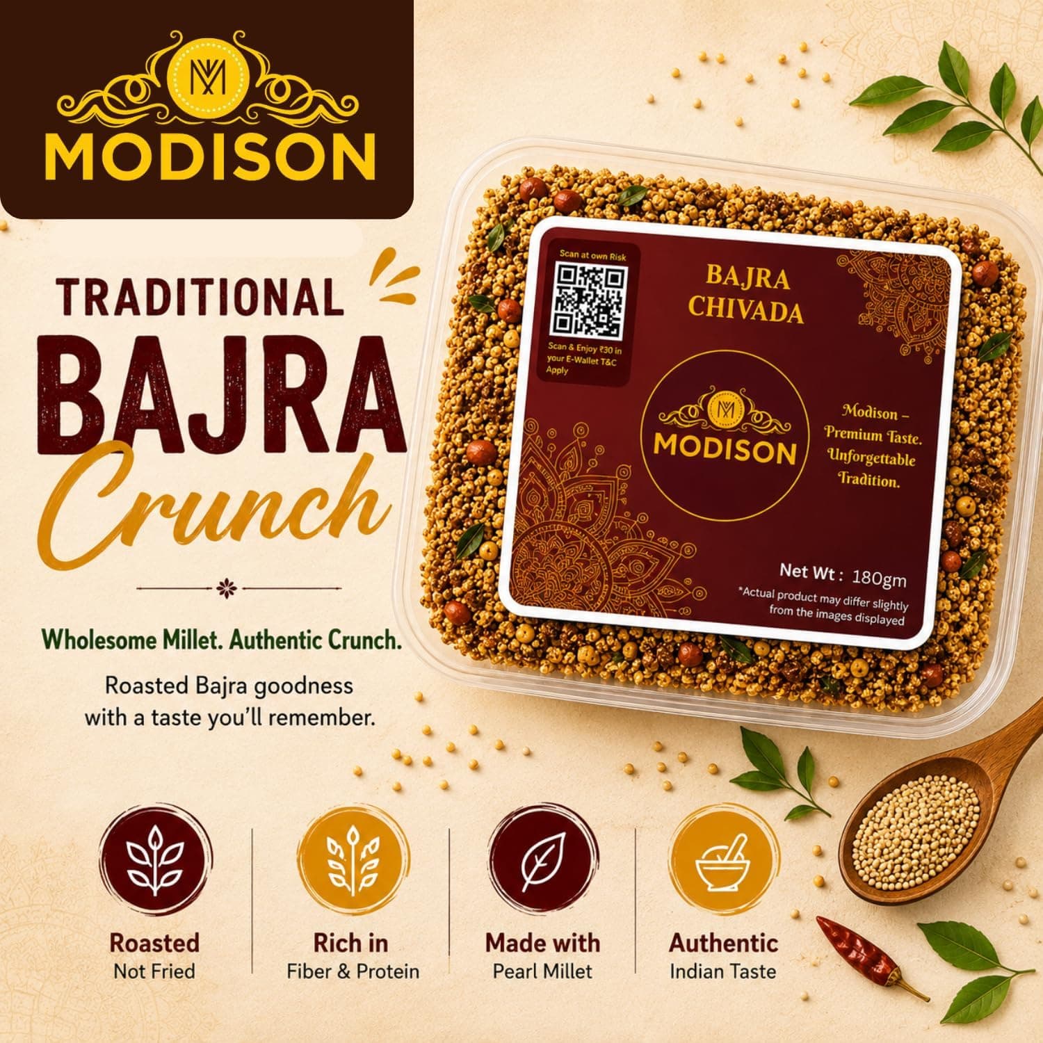 MODISON Bajra Chivda Indian Namkeen Crispy Pearl Millet 180g alternate image