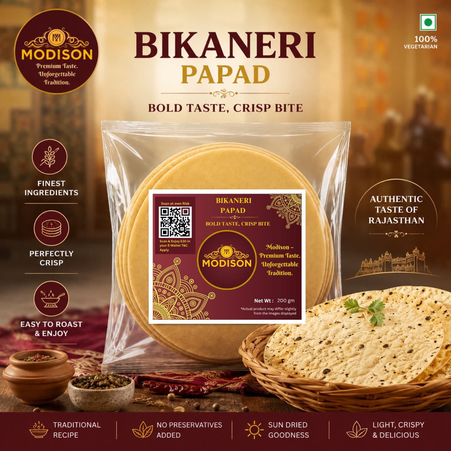 MODISON Bikaneri Papad Indian Papad Crispy Rajasthani 200g by Modison, view 2