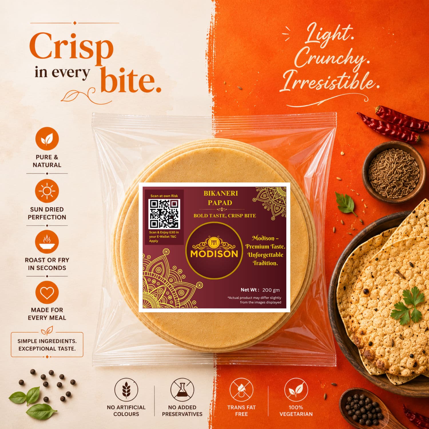 MODISON Bikaneri Papad Indian Papad Crispy Rajasthani 200g by Modison, view 4