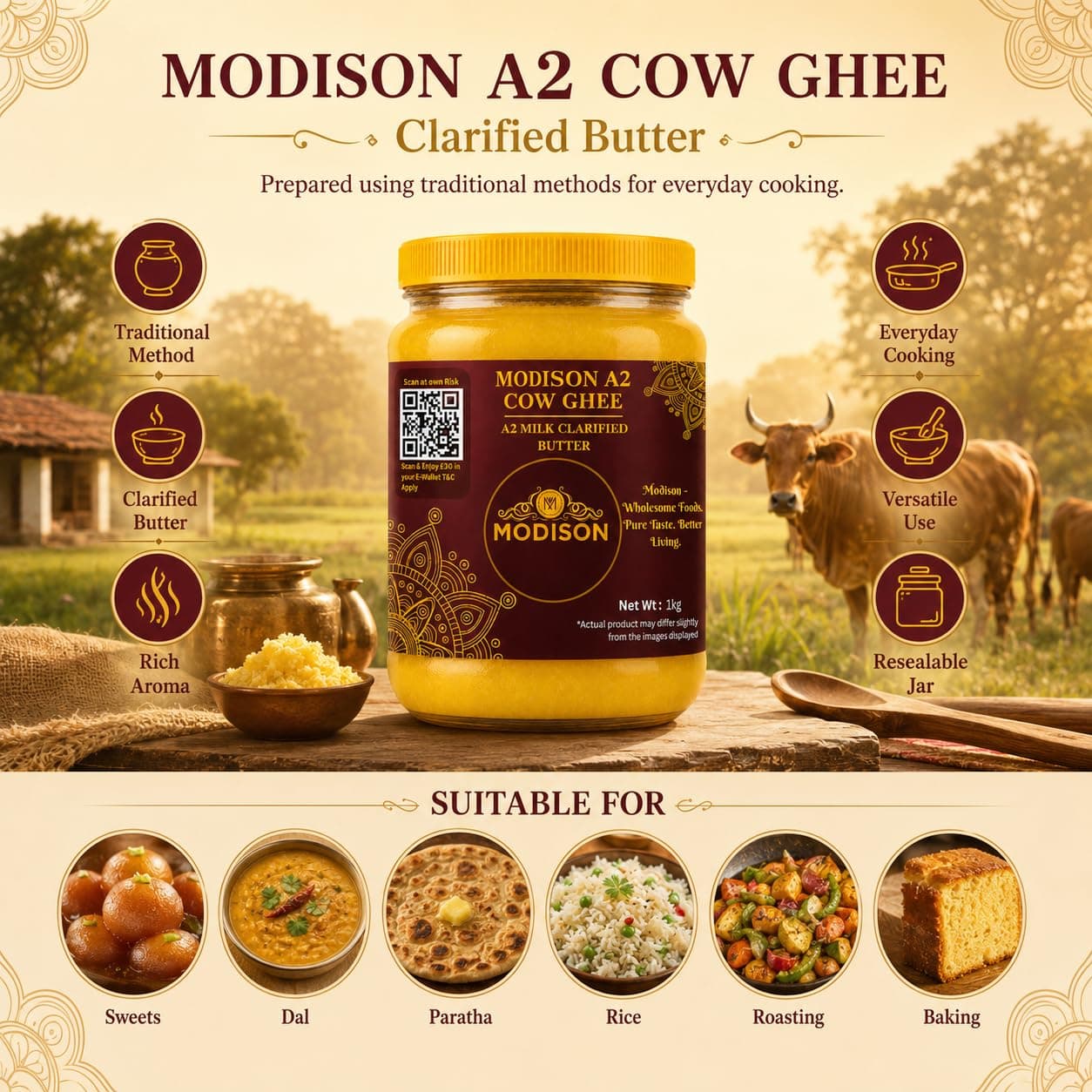 MODISON Bilona A2 Ghee A2 Milk Clarified Butter 1kg by Modison, view 2