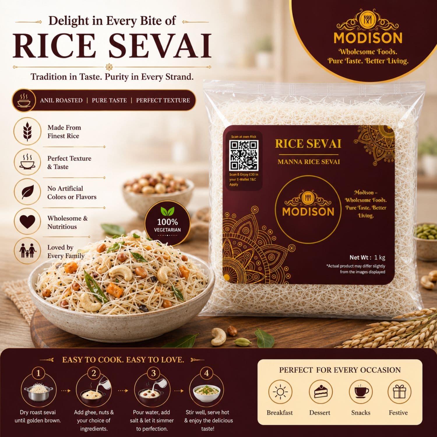 MODISON Brown Rice Sevai Rice Noodles, Brown Rice Vermicelli, 1 kg by Modison, view 2