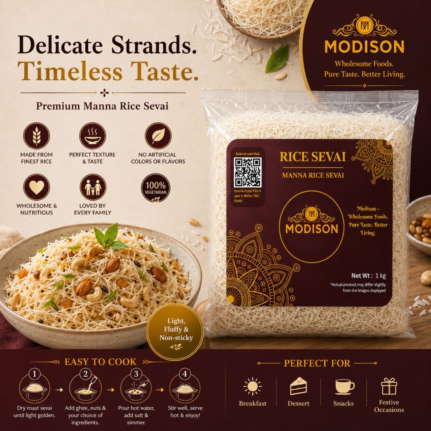 MODISON Brown Rice Sevai Rice Noodles, Brown Rice Vermicelli, 1 kg by Modison, view 3