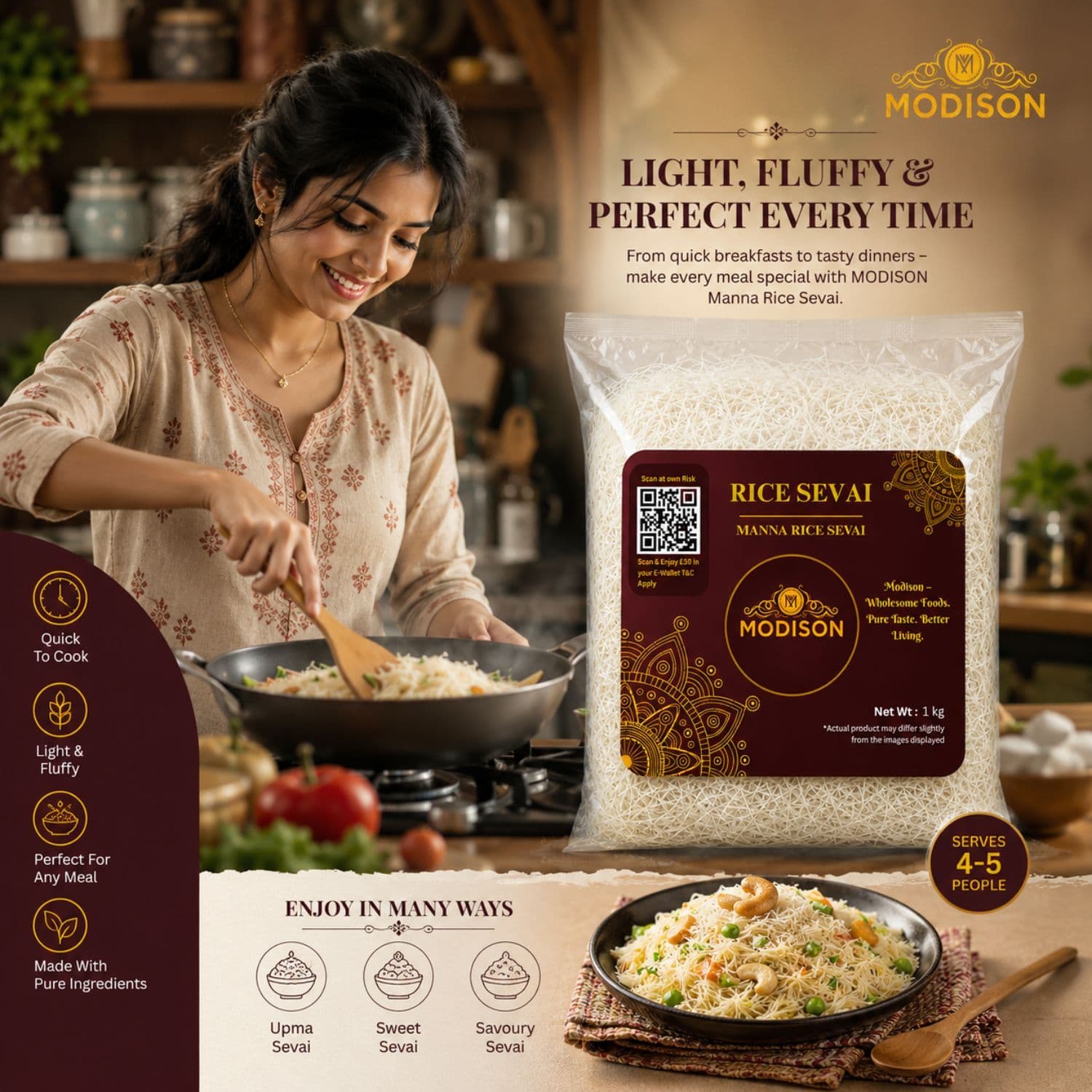 MODISON Brown Rice Sevai Rice Noodles, Brown Rice Vermicelli, 1 kg by Modison, view 4