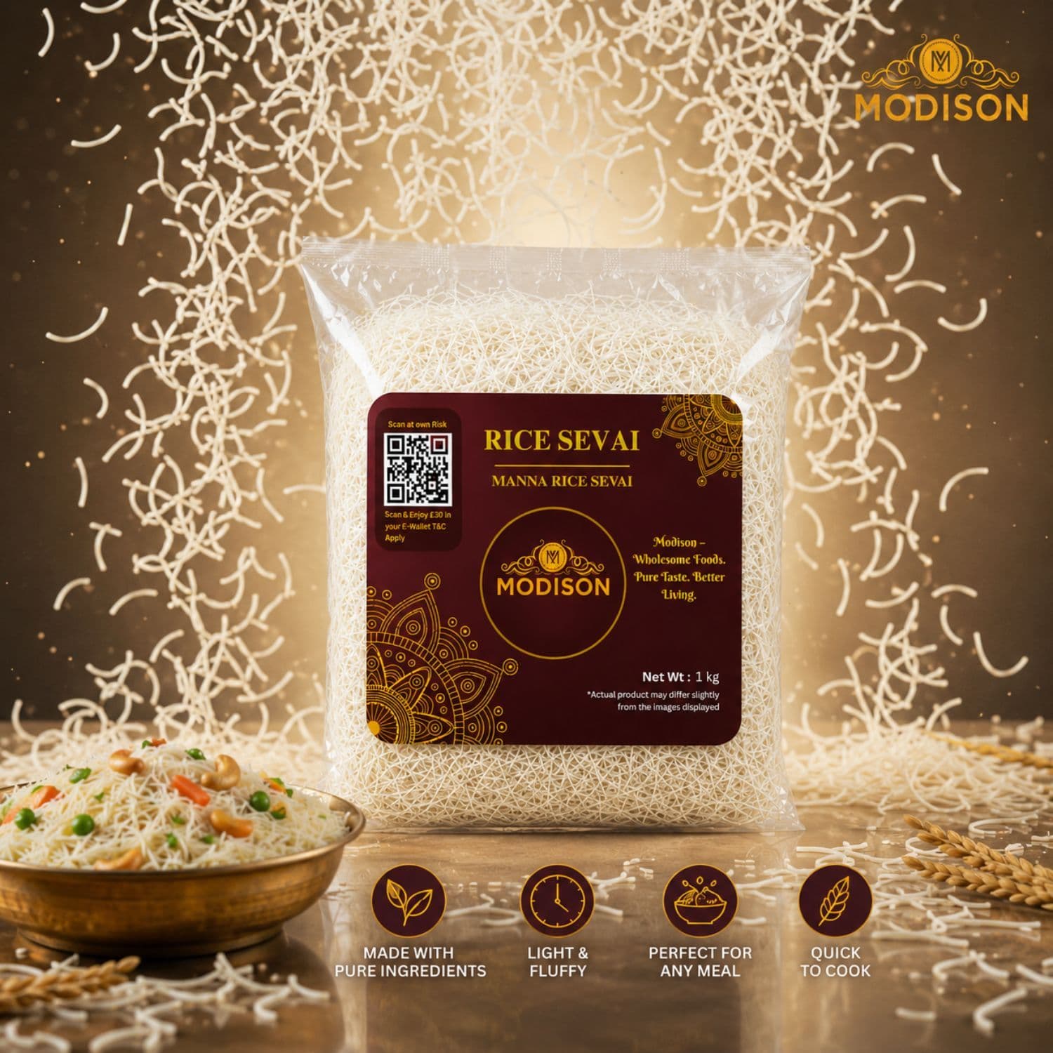 MODISON Brown Rice Sevai Rice Noodles, Brown Rice Vermicelli, 1 kg by Modison, view 7