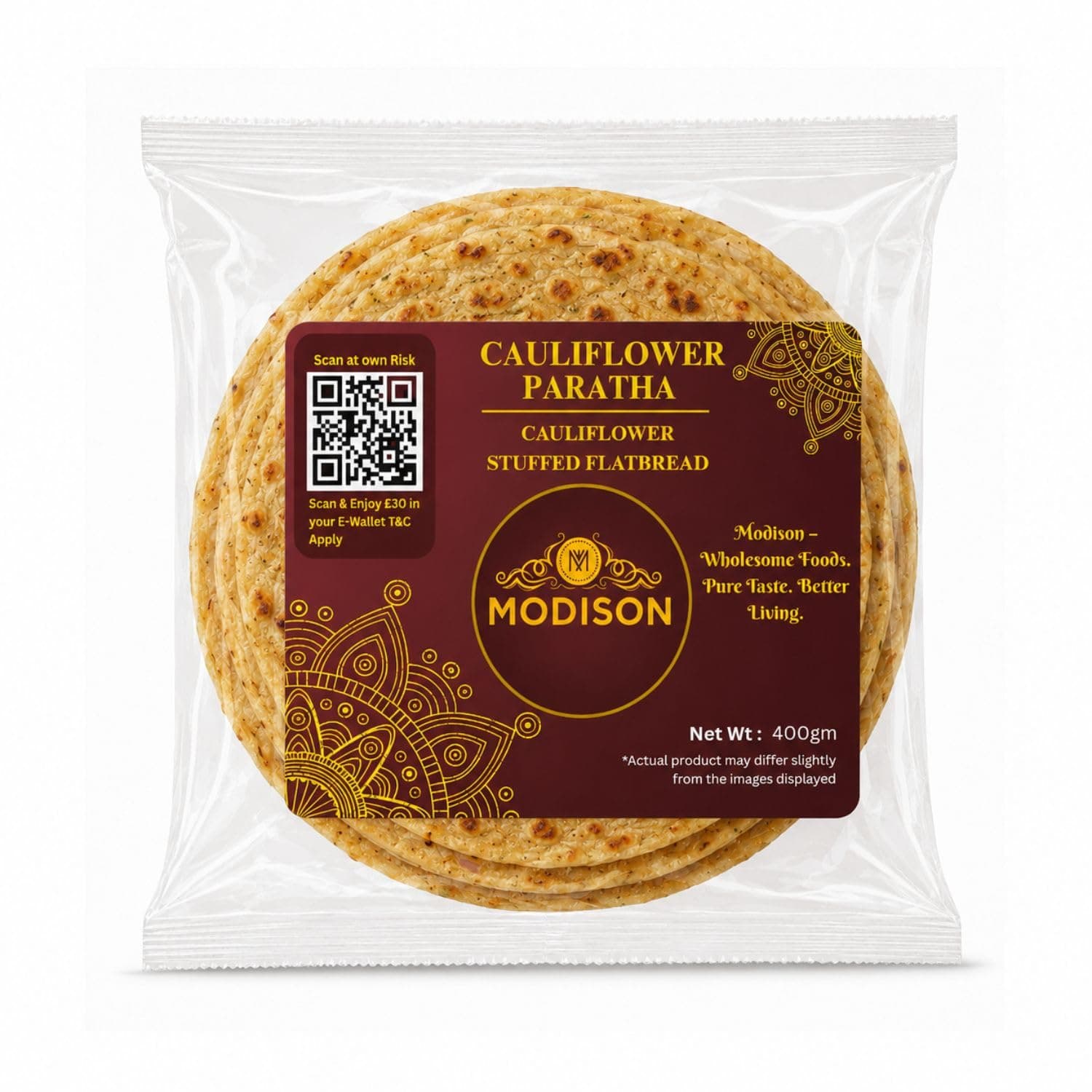 MODISON Cauliflower Paratha Traditional Indian Flatbread Frozen 400g by Modison, view 1