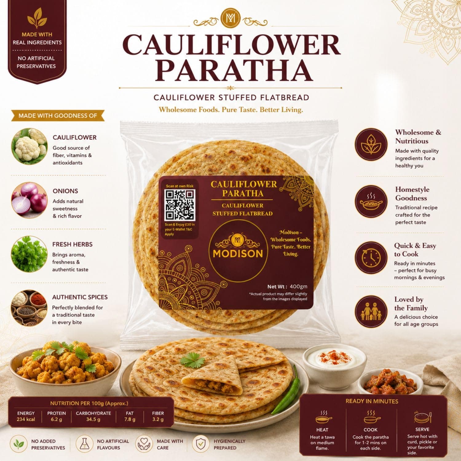 MODISON Cauliflower Paratha Traditional Indian Flatbread Frozen 400g by Modison, view 2
