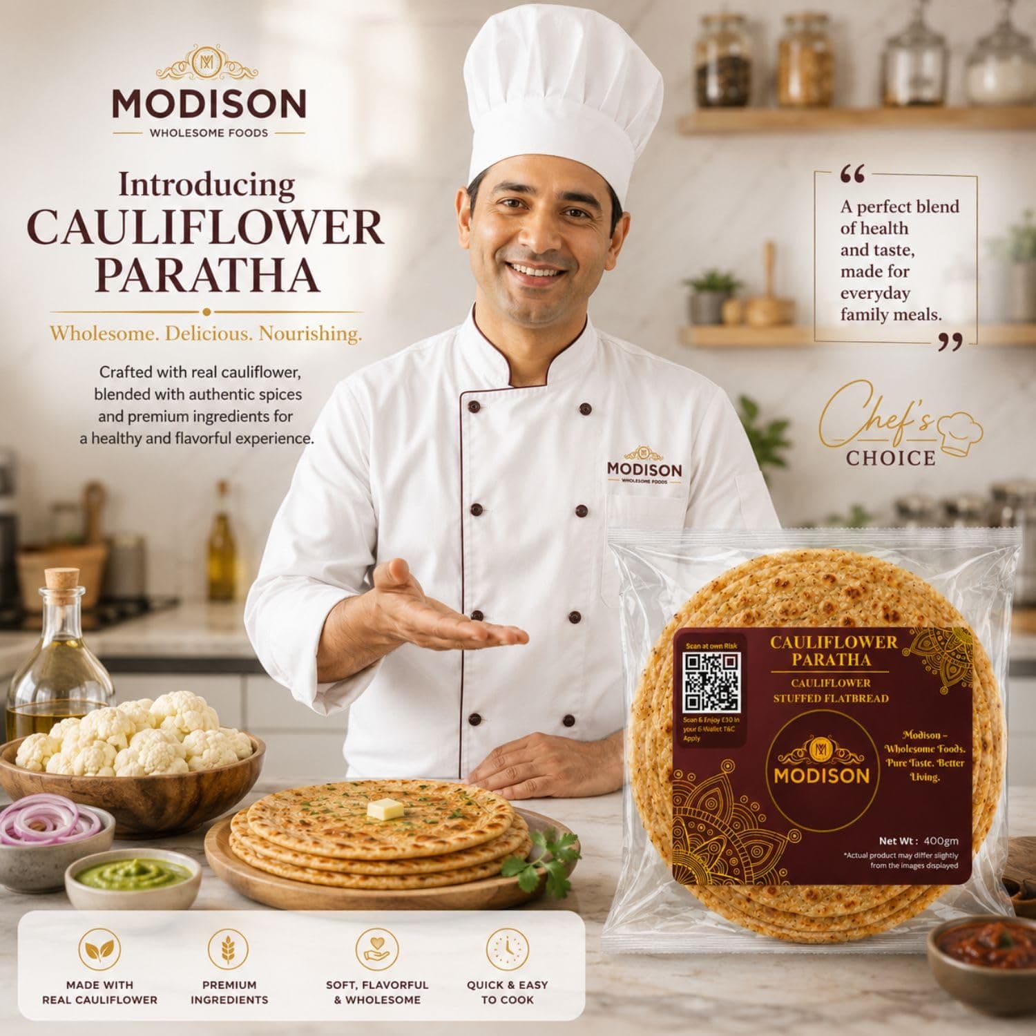 MODISON Cauliflower Paratha Traditional Indian Flatbread Frozen 400g by Modison, view 3