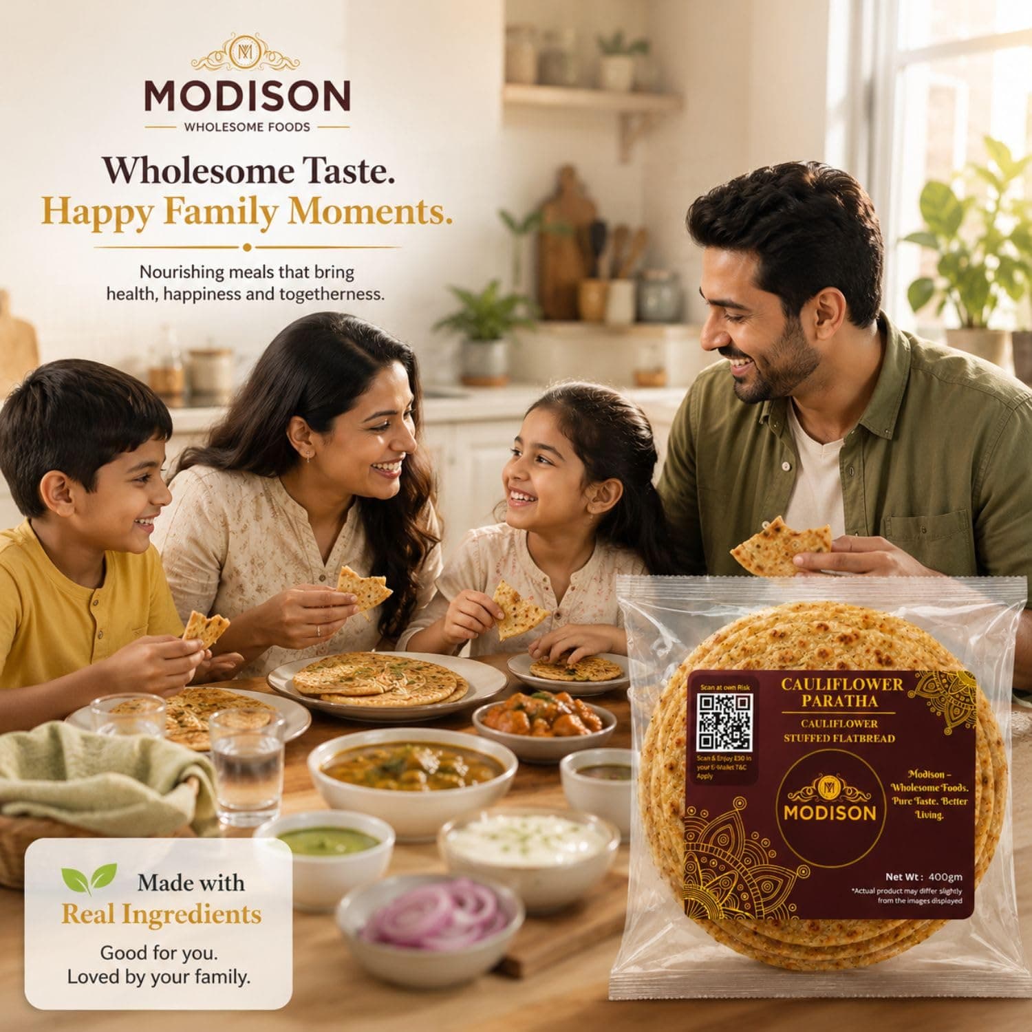 MODISON Cauliflower Paratha Traditional Indian Flatbread Frozen 400g by Modison, view 4