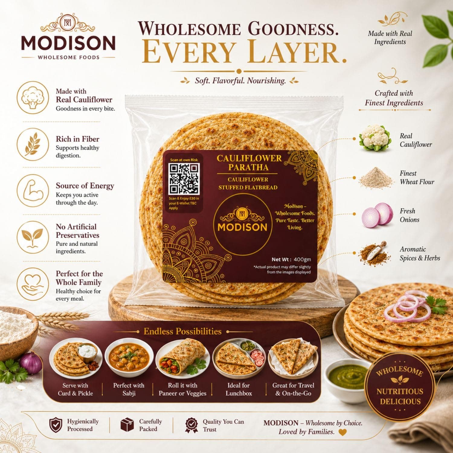 MODISON Cauliflower Paratha Traditional Indian Flatbread Frozen 400g by Modison, view 6