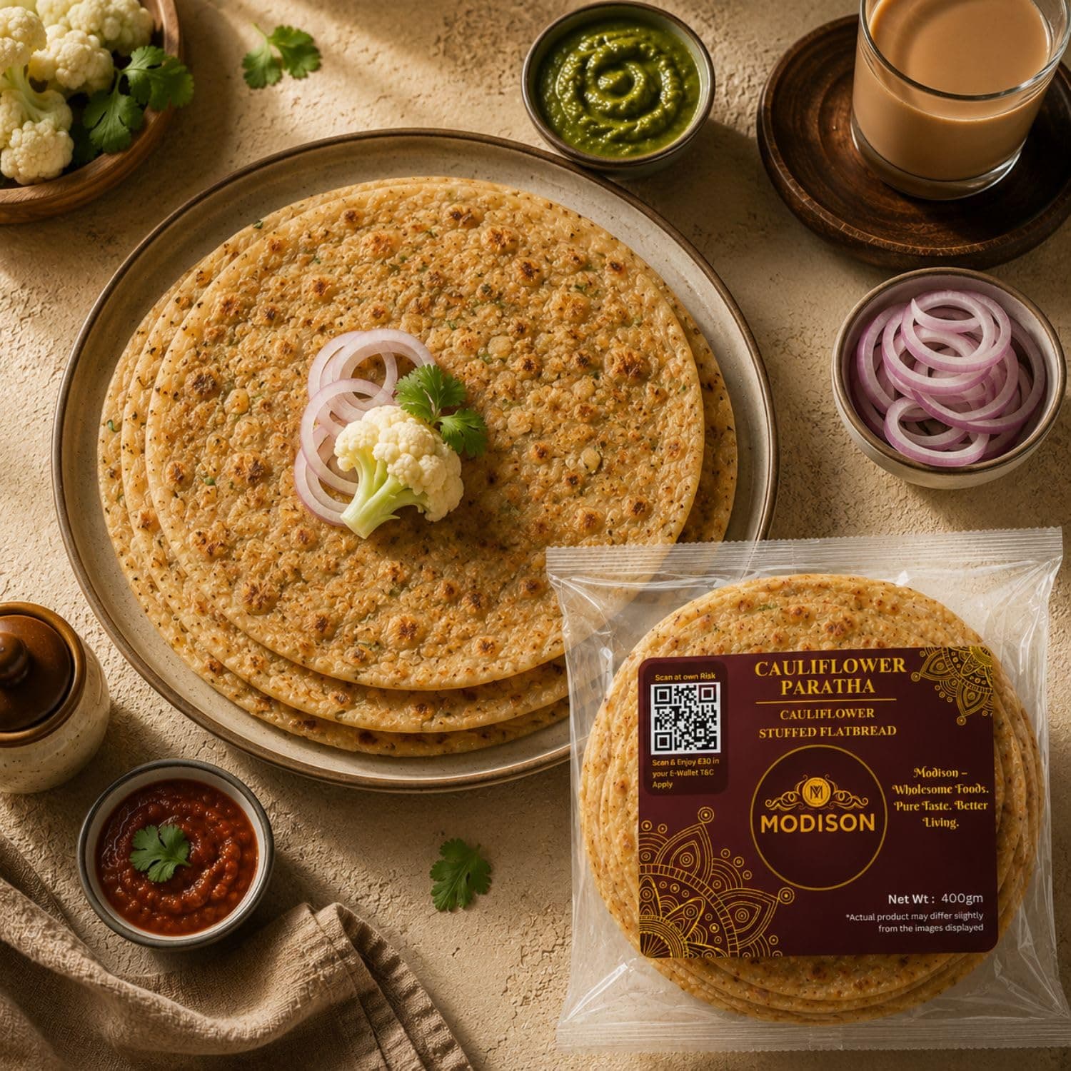 MODISON Cauliflower Paratha Traditional Indian Flatbread Frozen 400g by Modison, view 7
