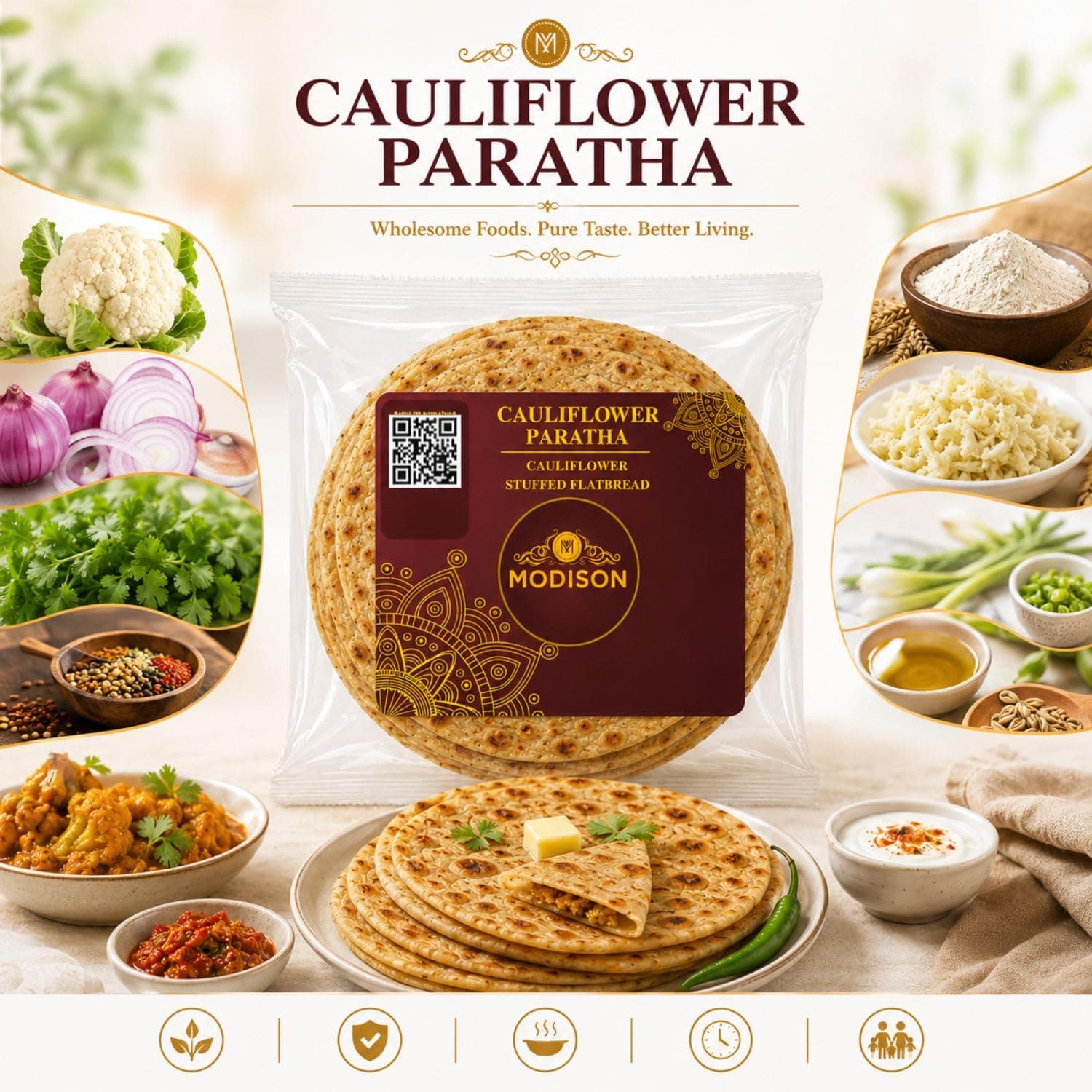 MODISON Cauliflower Paratha Traditional Indian Flatbread Frozen 400g by Modison, view 8