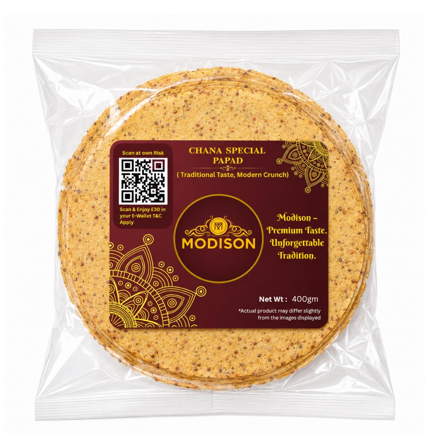 MODISON Chana Special Indian Papad Black Pepper Lentil Wafer 400g by Modison, view 1