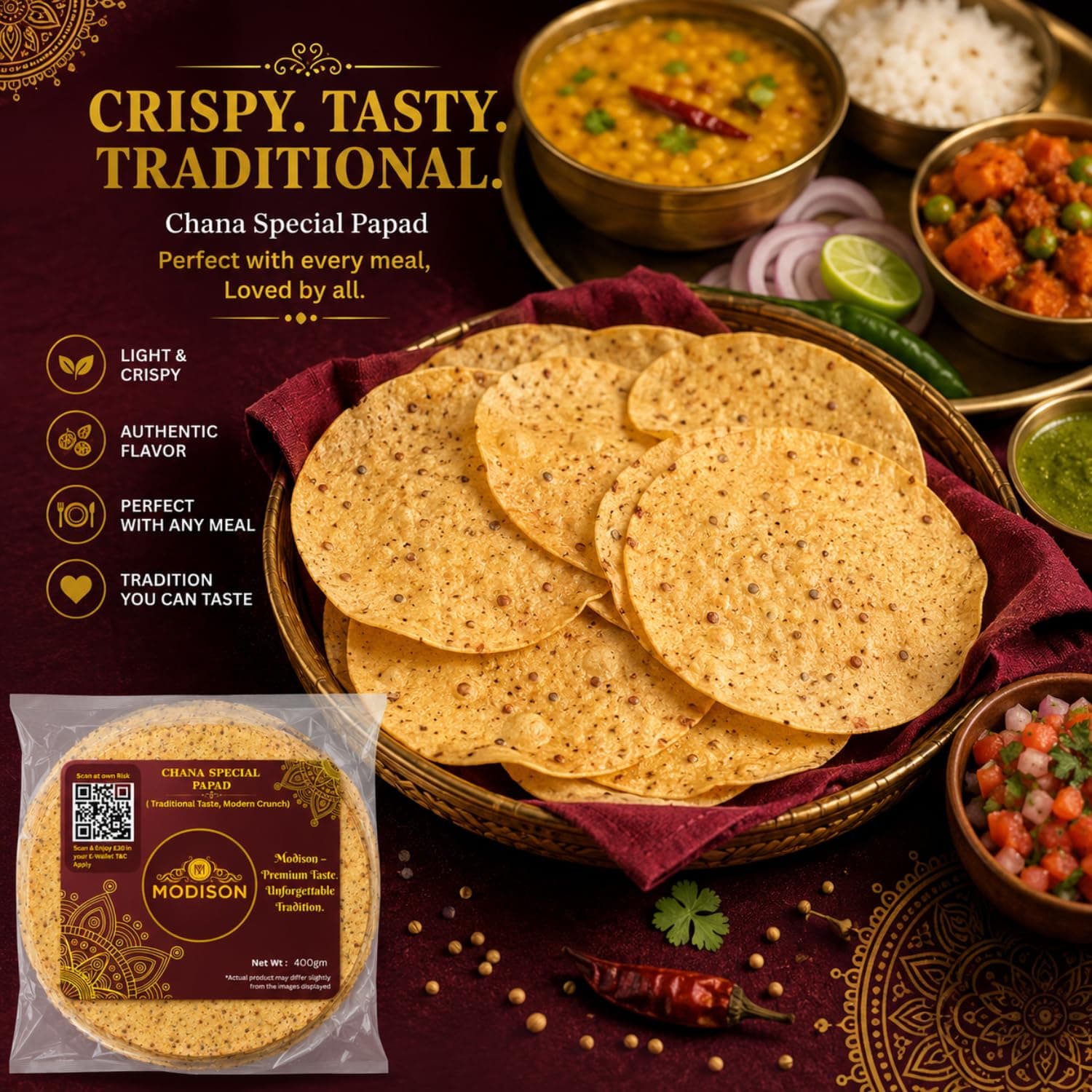 MODISON Chana Special Indian Papad Black Pepper Lentil Wafer 400g by Modison, view 3
