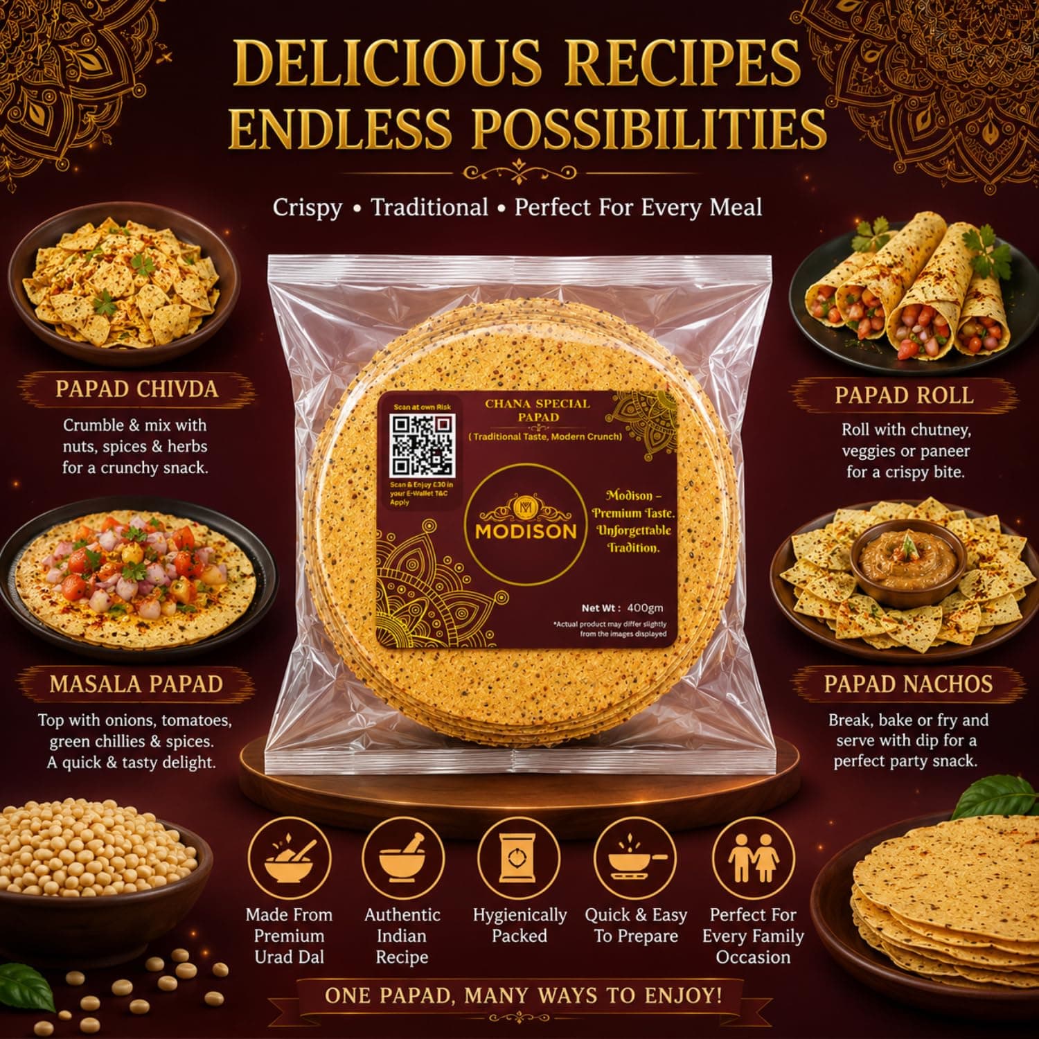 MODISON Chana Special Indian Papad Black Pepper Lentil Wafer 400g by Modison, view 4