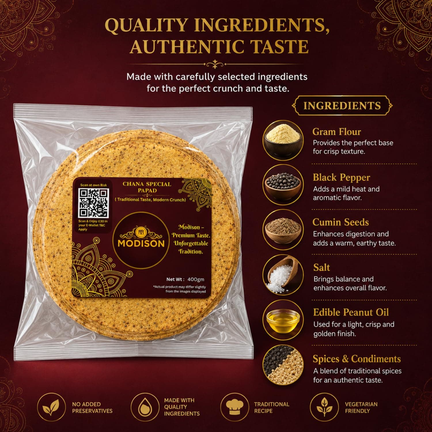 MODISON Chana Special Indian Papad Black Pepper Lentil Wafer 400g by Modison, view 5