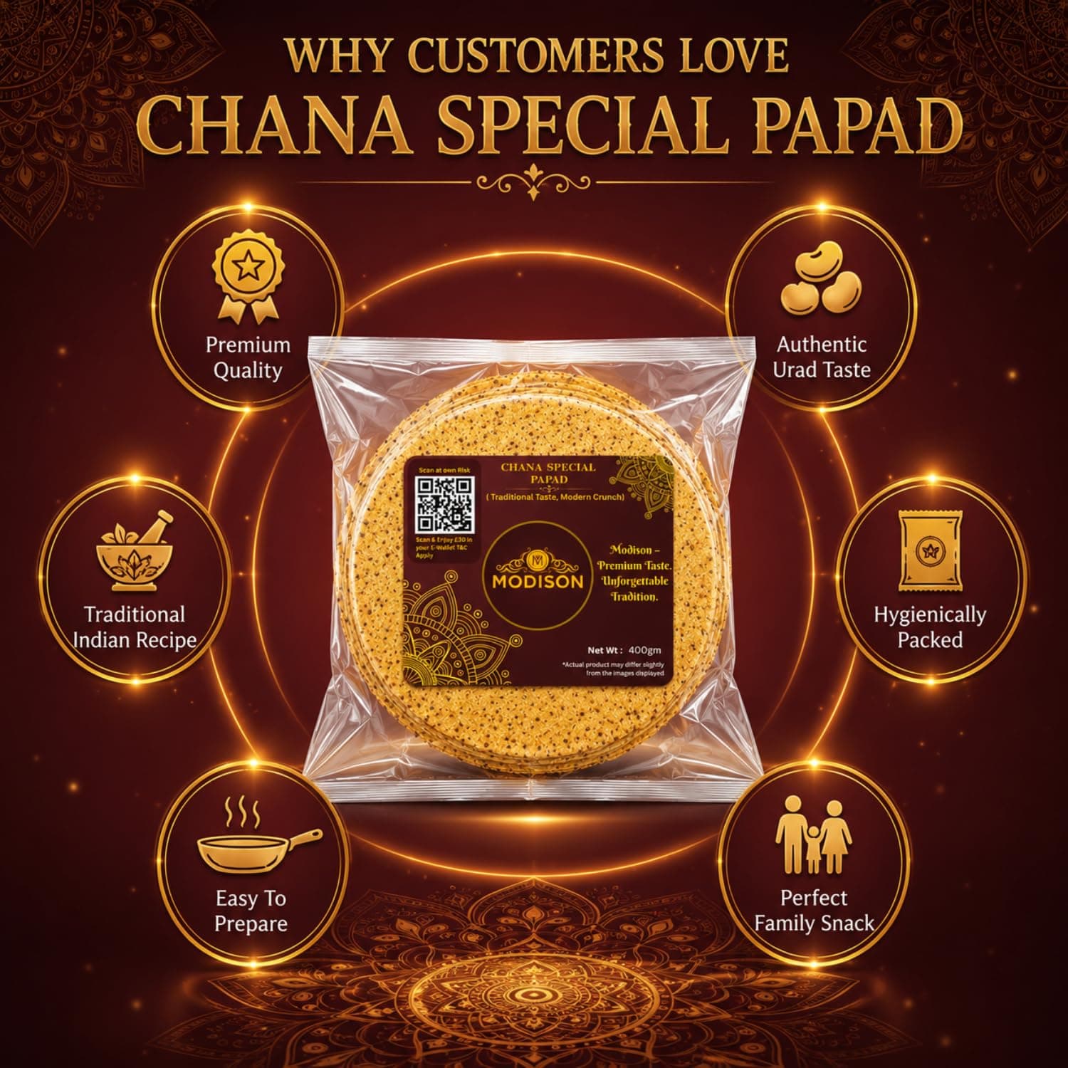 MODISON Chana Special Indian Papad Black Pepper Lentil Wafer 400g by Modison, view 6