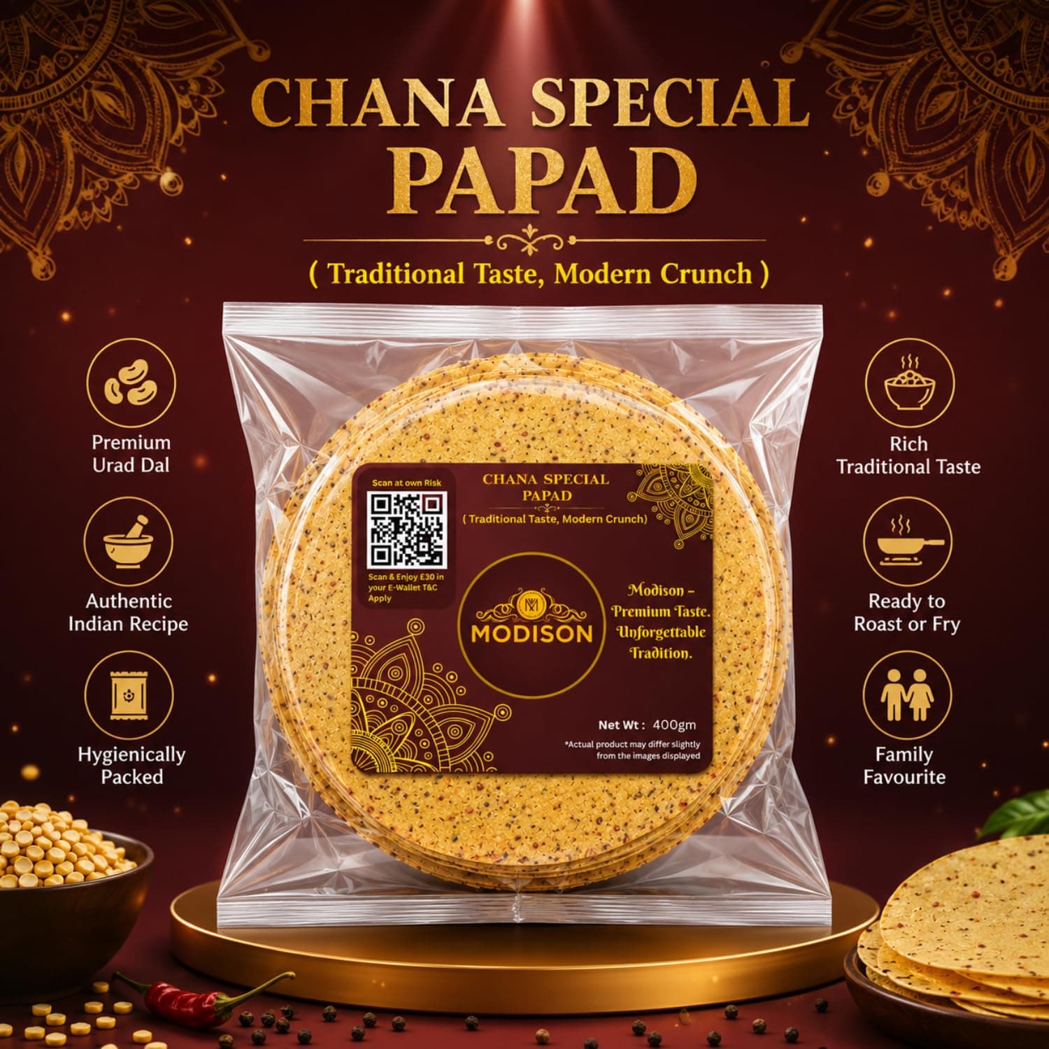 MODISON Chana Special Indian Papad Black Pepper Lentil Wafer 400g by Modison, view 7