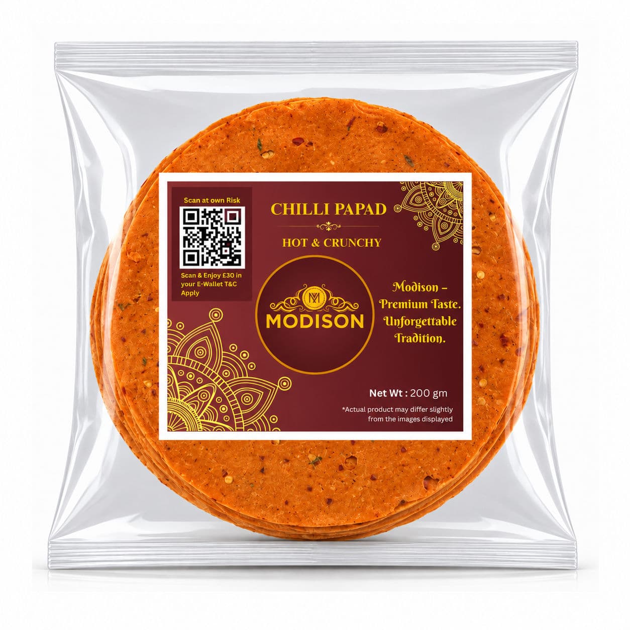 MODISON Chilli Papad Indian Papad Spicy Lentil Wafer 200g by Modison, view 1