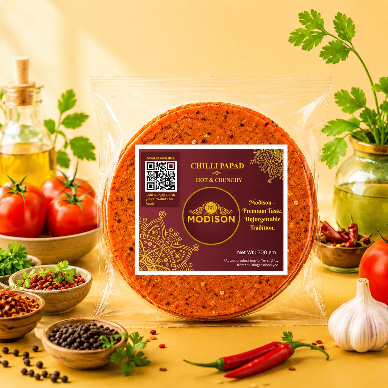 MODISON Chilli Papad Indian Papad Spicy Lentil Wafer 200g by Modison, view 2
