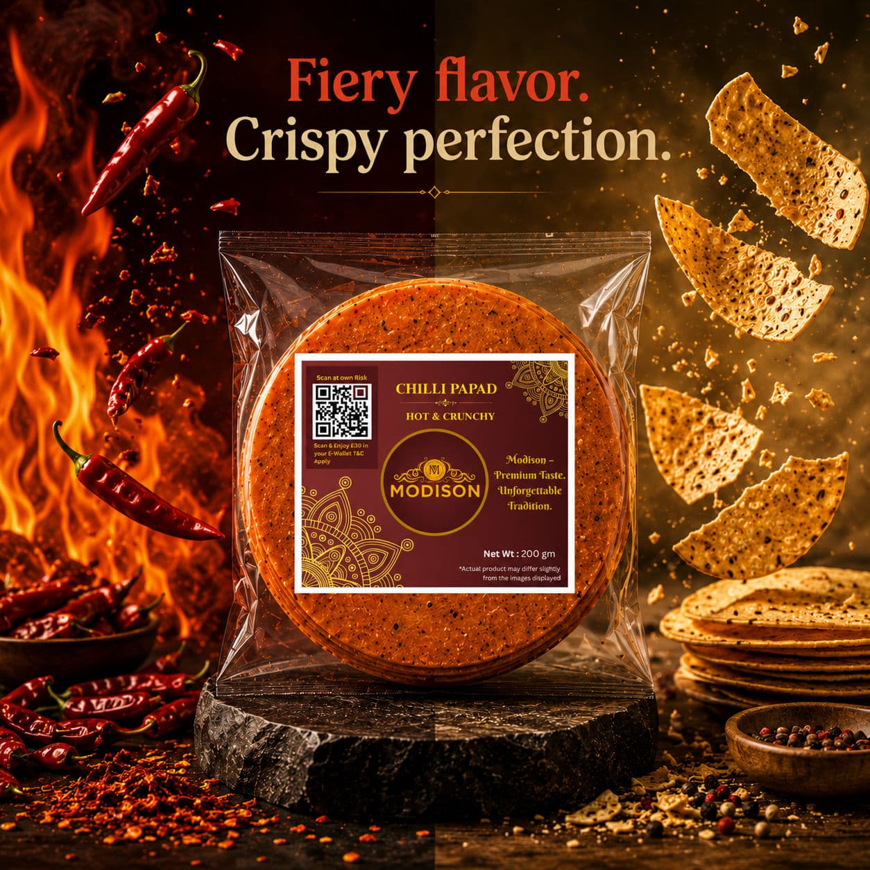 MODISON Chilli Papad Indian Papad Spicy Lentil Wafer 200g by Modison, view 7