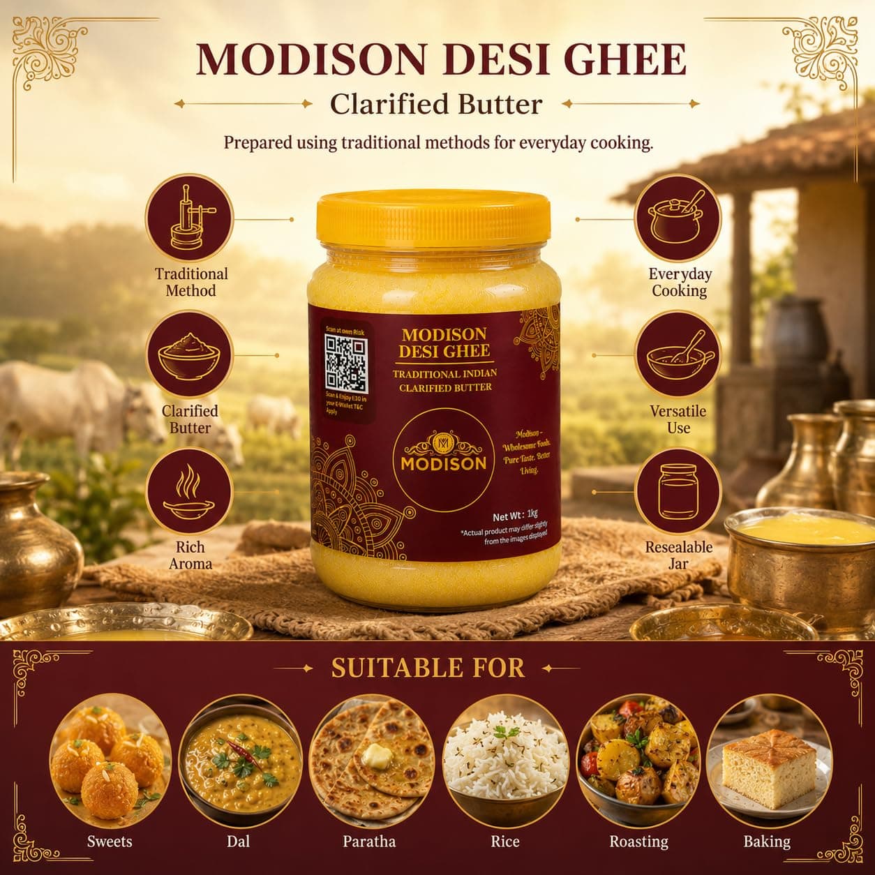 MODISON Desi Ghee Clarified Butter Pure Milk Fat 1kg-copy by Modison, view 2