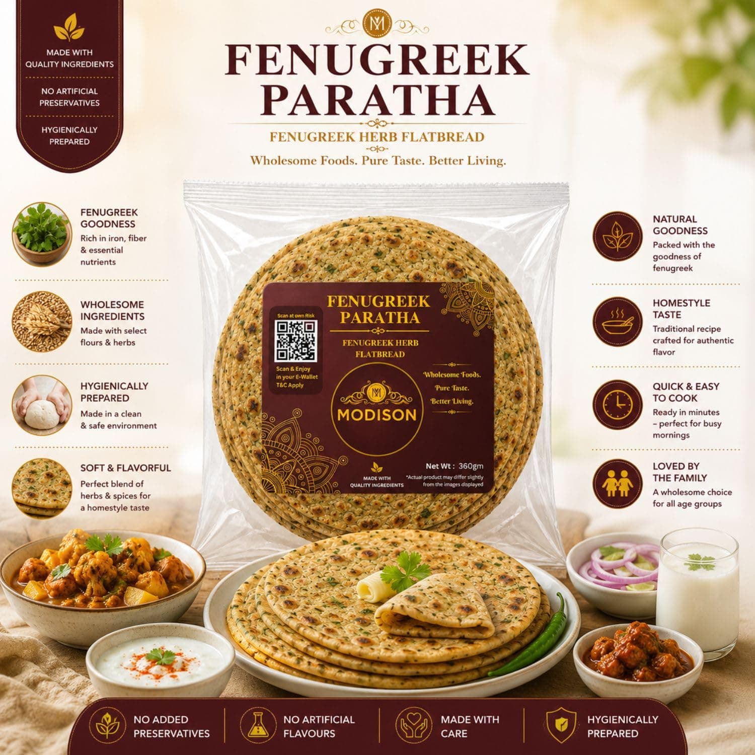 MODISON Fenugreek Paratha Traditional Indian Flatbread Frozen 360g by Modison, view 2