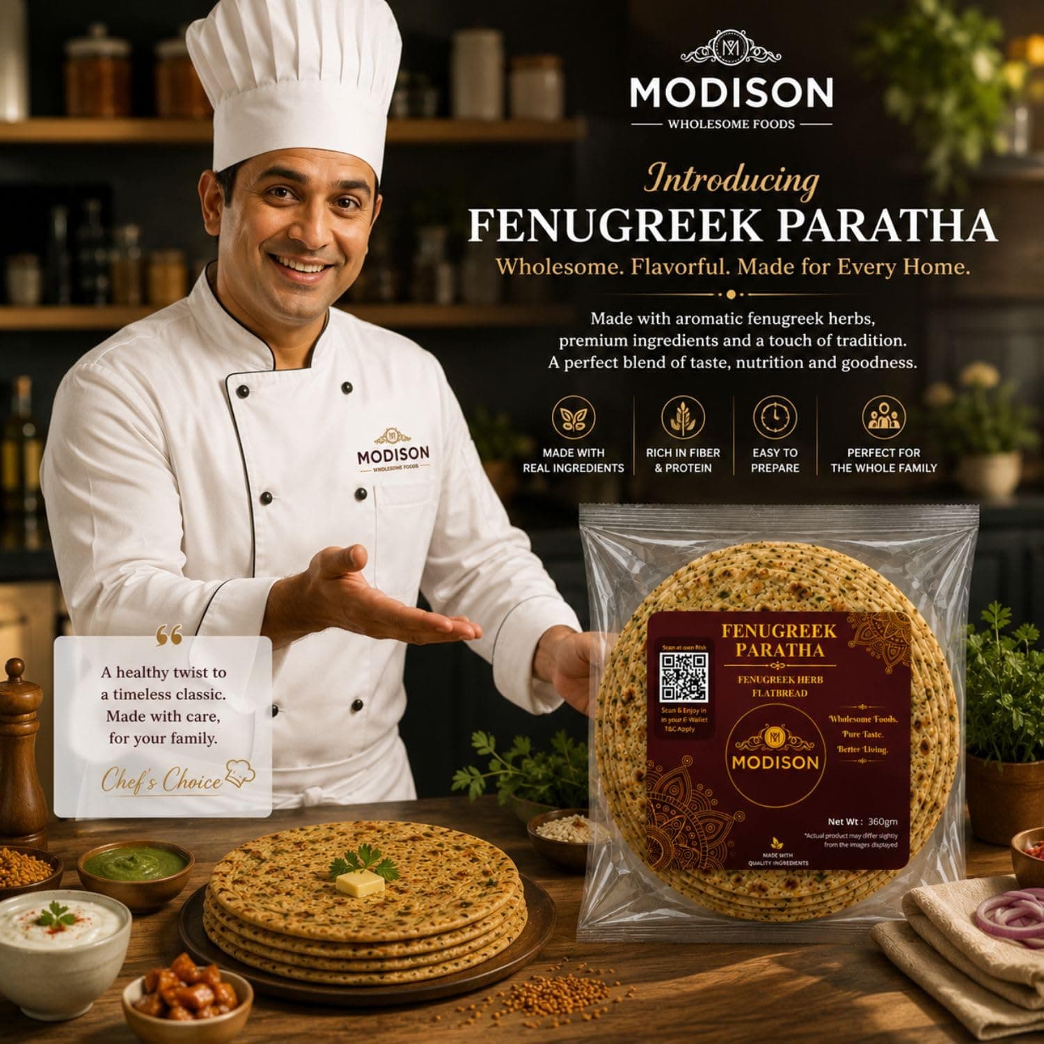 MODISON Fenugreek Paratha Traditional Indian Flatbread Frozen 360g by Modison, view 3