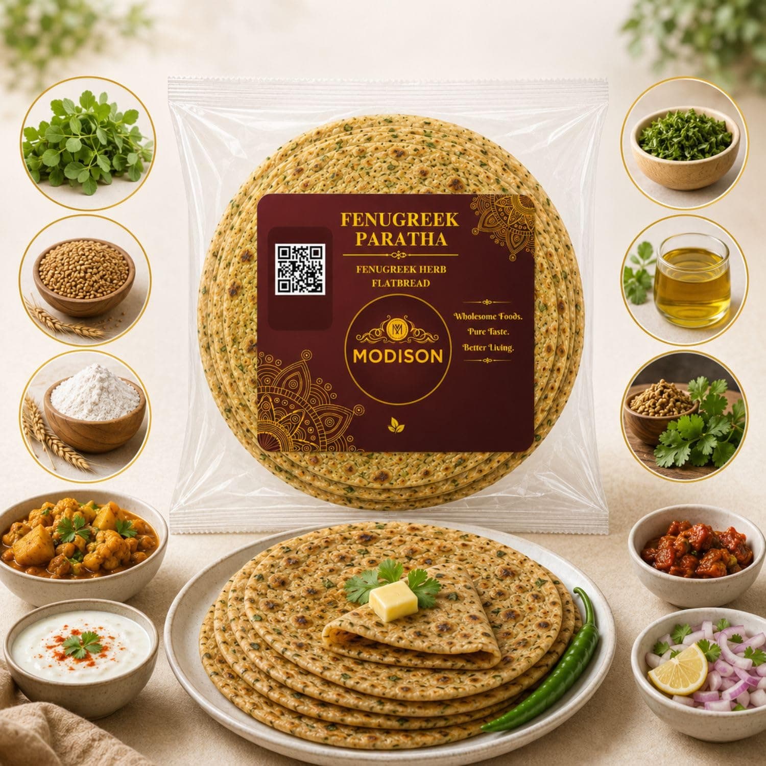 MODISON Fenugreek Paratha Traditional Indian Flatbread Frozen 360g by Modison, view 5