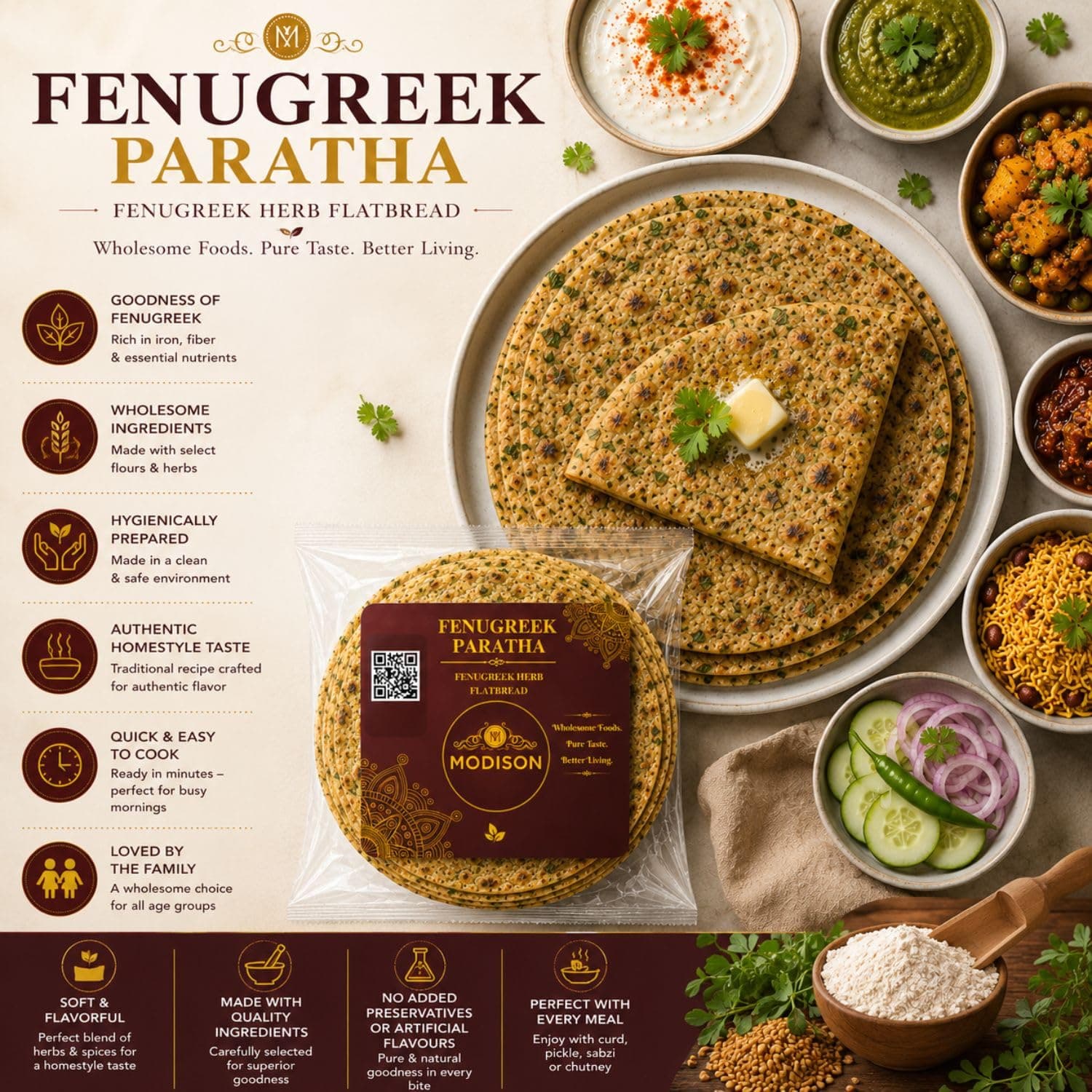 MODISON Fenugreek Paratha Traditional Indian Flatbread Frozen 360g by Modison, view 8