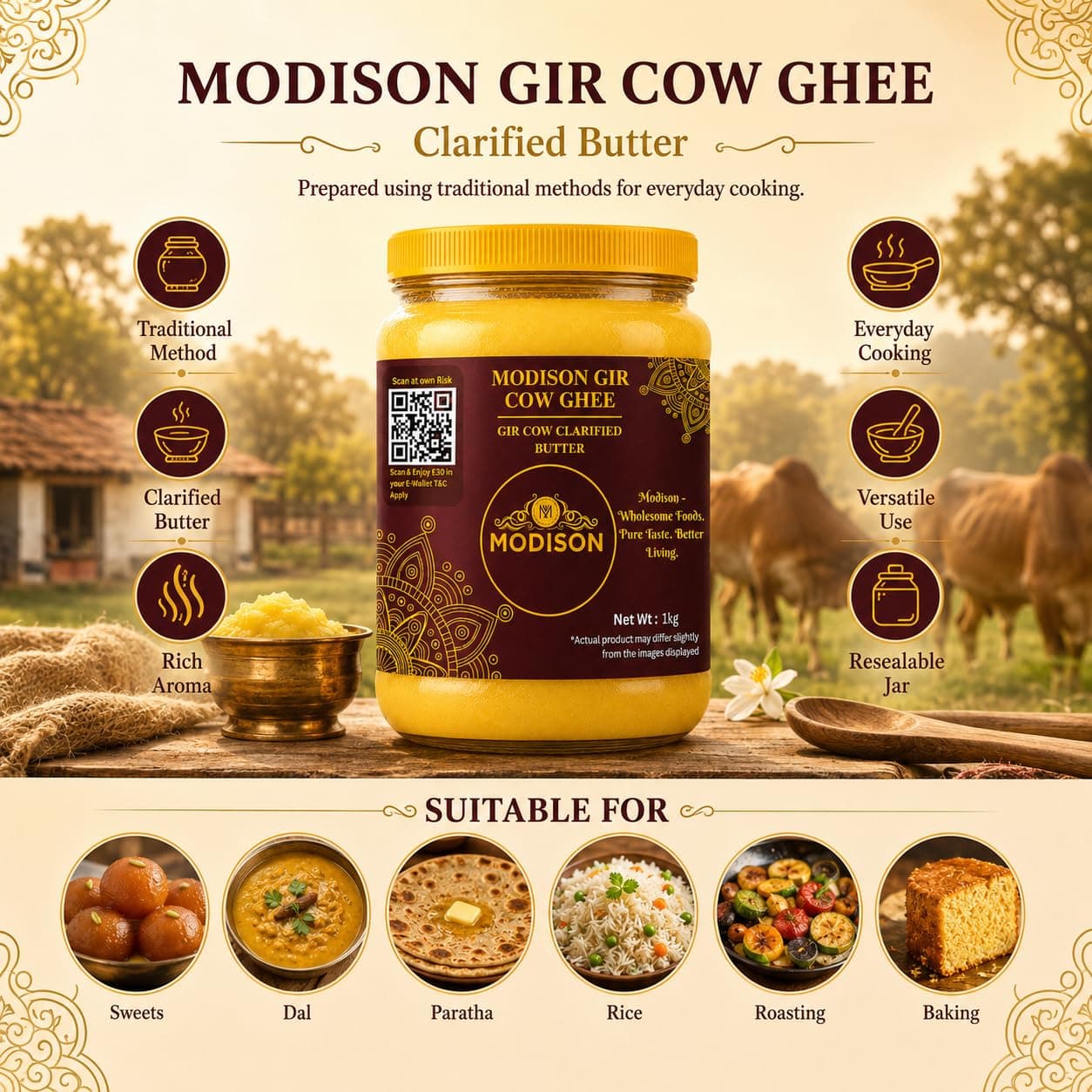 MODISON Gir Cow Ghee Clarified Butter Pure Milk Fat 1kg by Modison, view 2