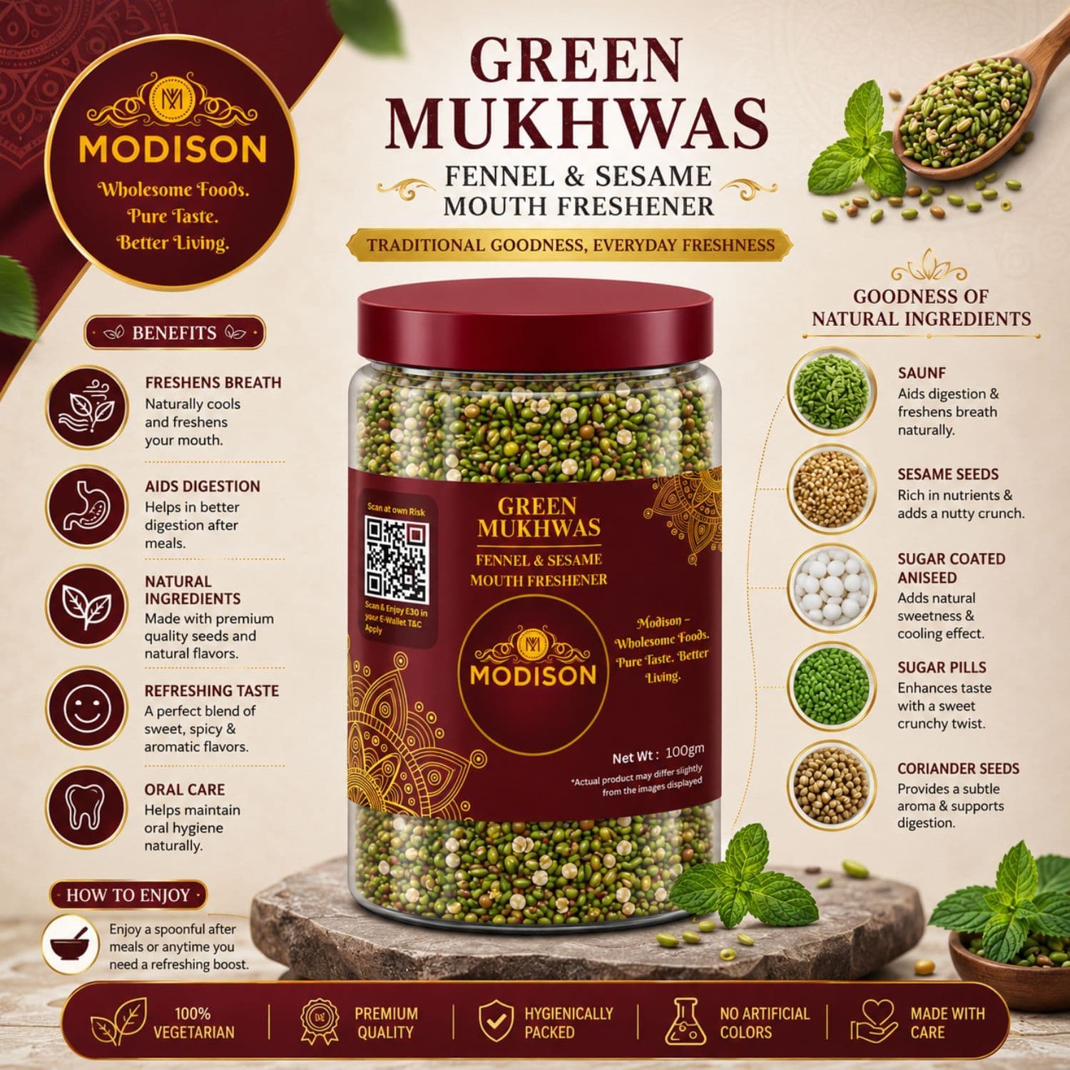 MODISON Green Mukhwas Indian Mouth Freshener Aniseed Coriander 100g by Modison, view 3