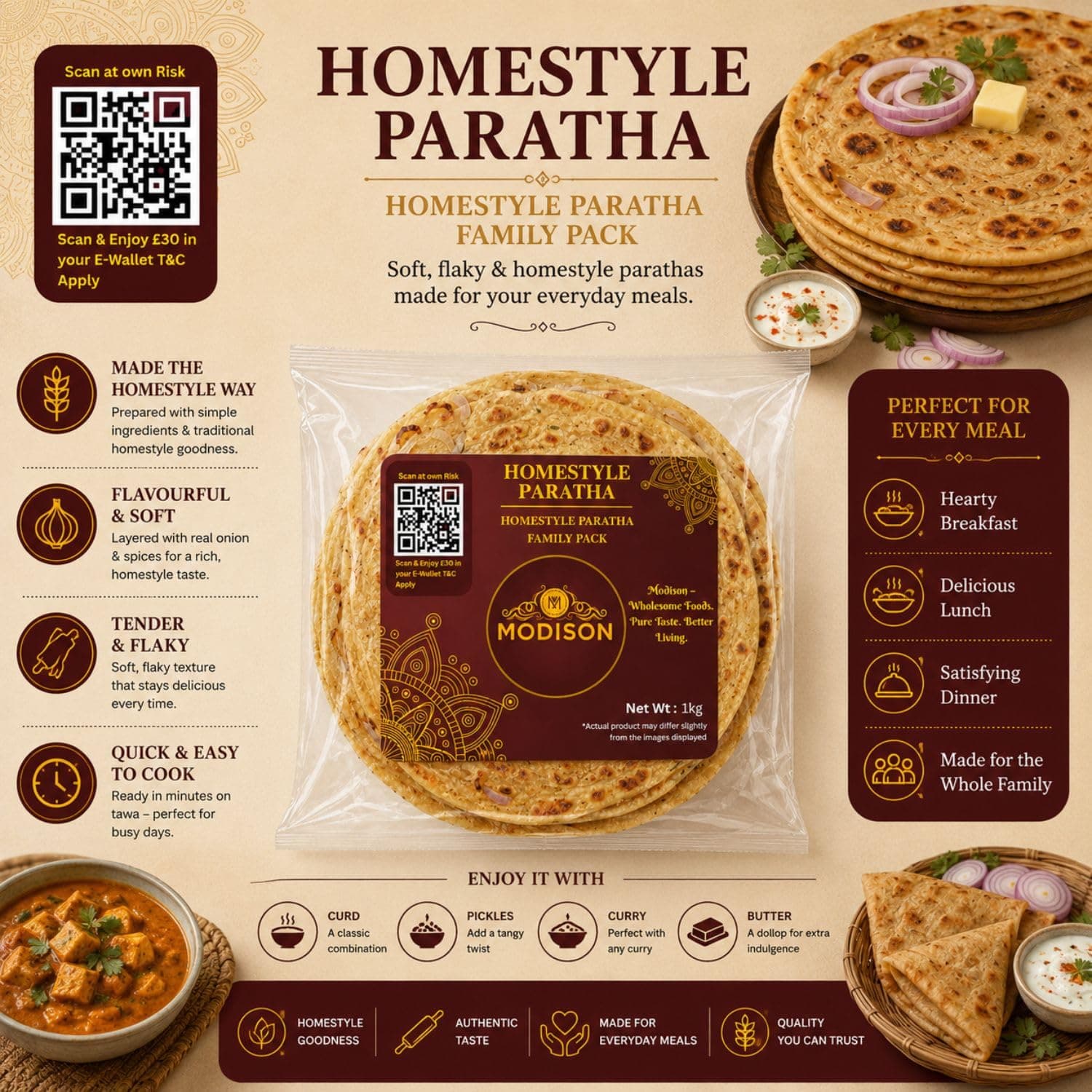 MODISON Homestyle Paratha Traditional Indian Flatbread Frozen 1kg by Modison, view 8