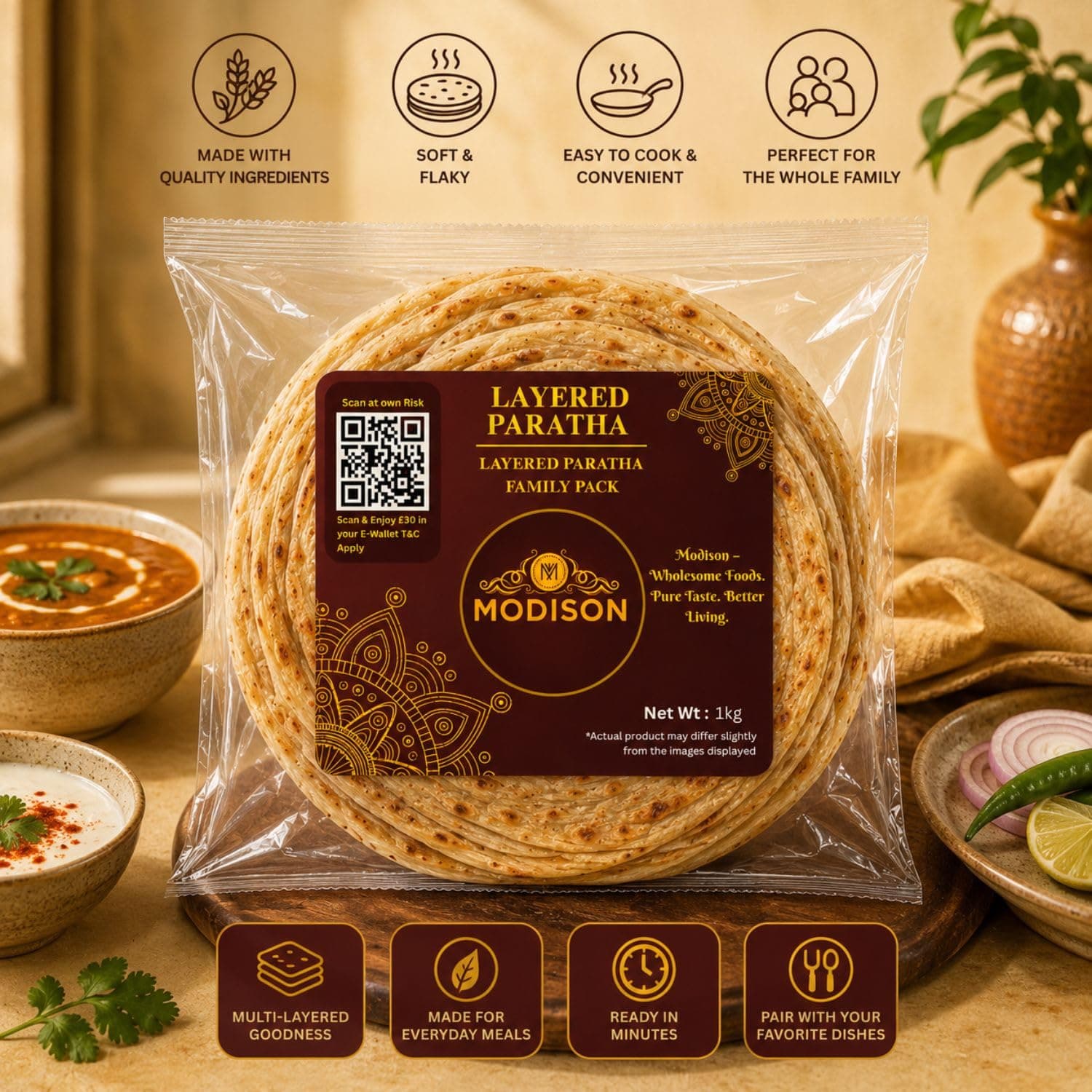 MODISON Layered Paratha Family Pack Frozen Indian Flatbread 1kg by Modison, view 6