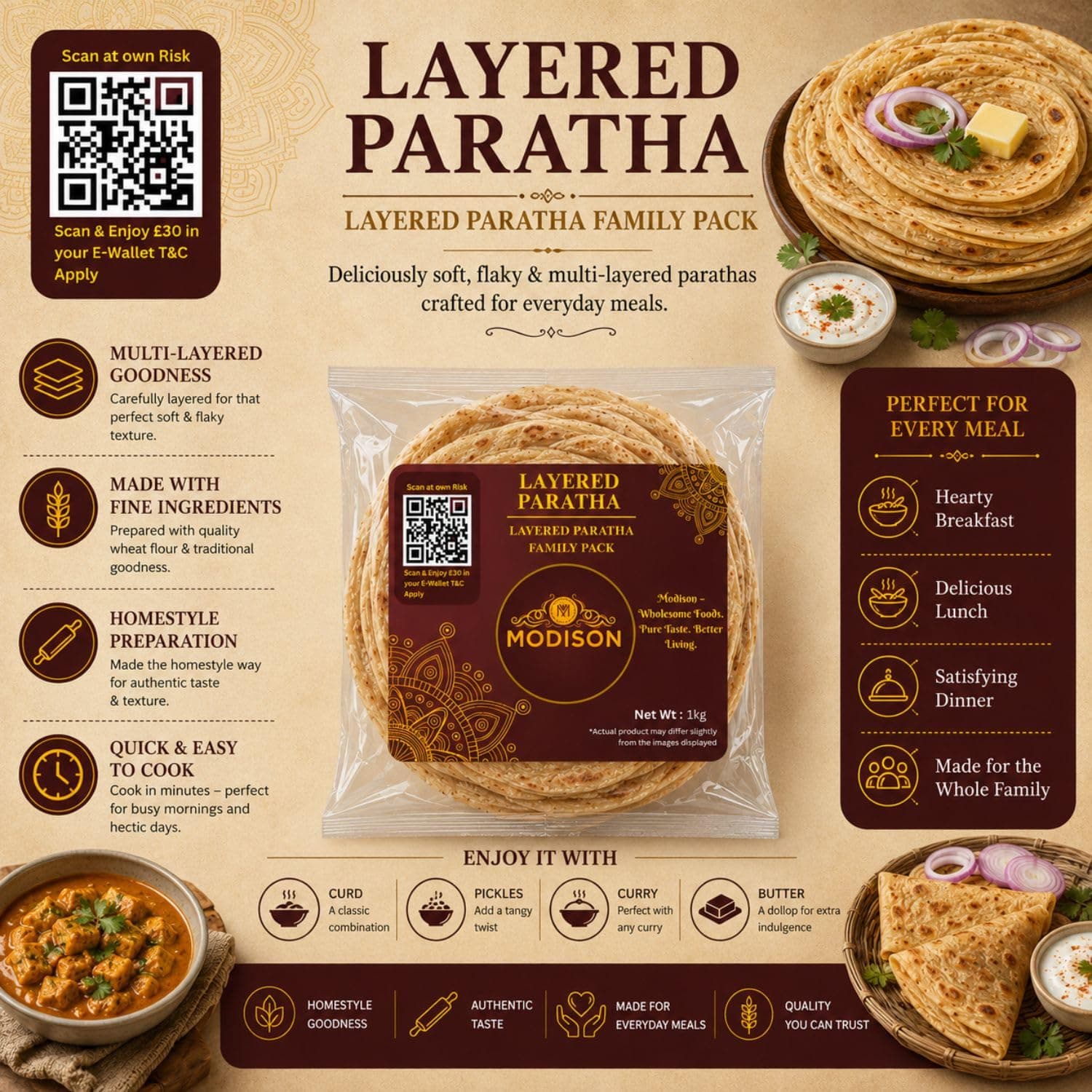 MODISON Layered Paratha Family Pack Frozen Indian Flatbread 1kg by Modison, view 8