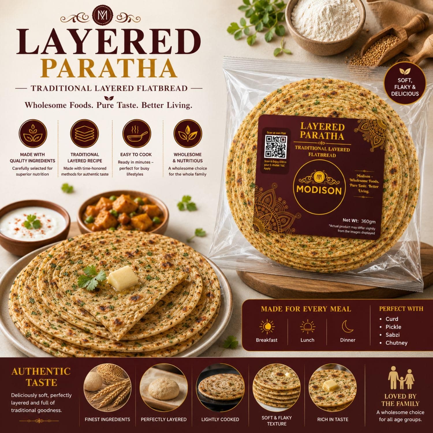 MODISON Layered Paratha Traditional Indian Flatbread Frozen 360g by Modison, view 2