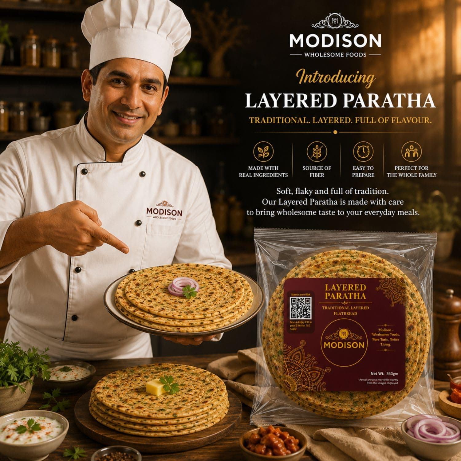 MODISON Layered Paratha Traditional Indian Flatbread Frozen 360g by Modison, view 4