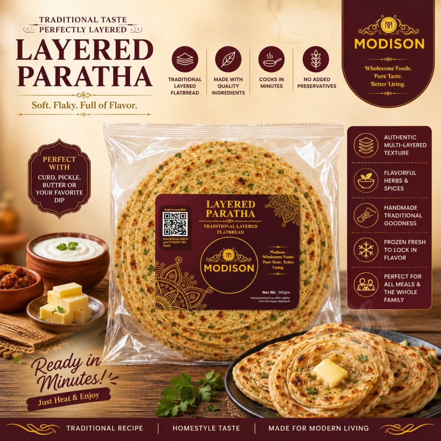 MODISON Layered Paratha Traditional Indian Flatbread Frozen 360g by Modison, view 8