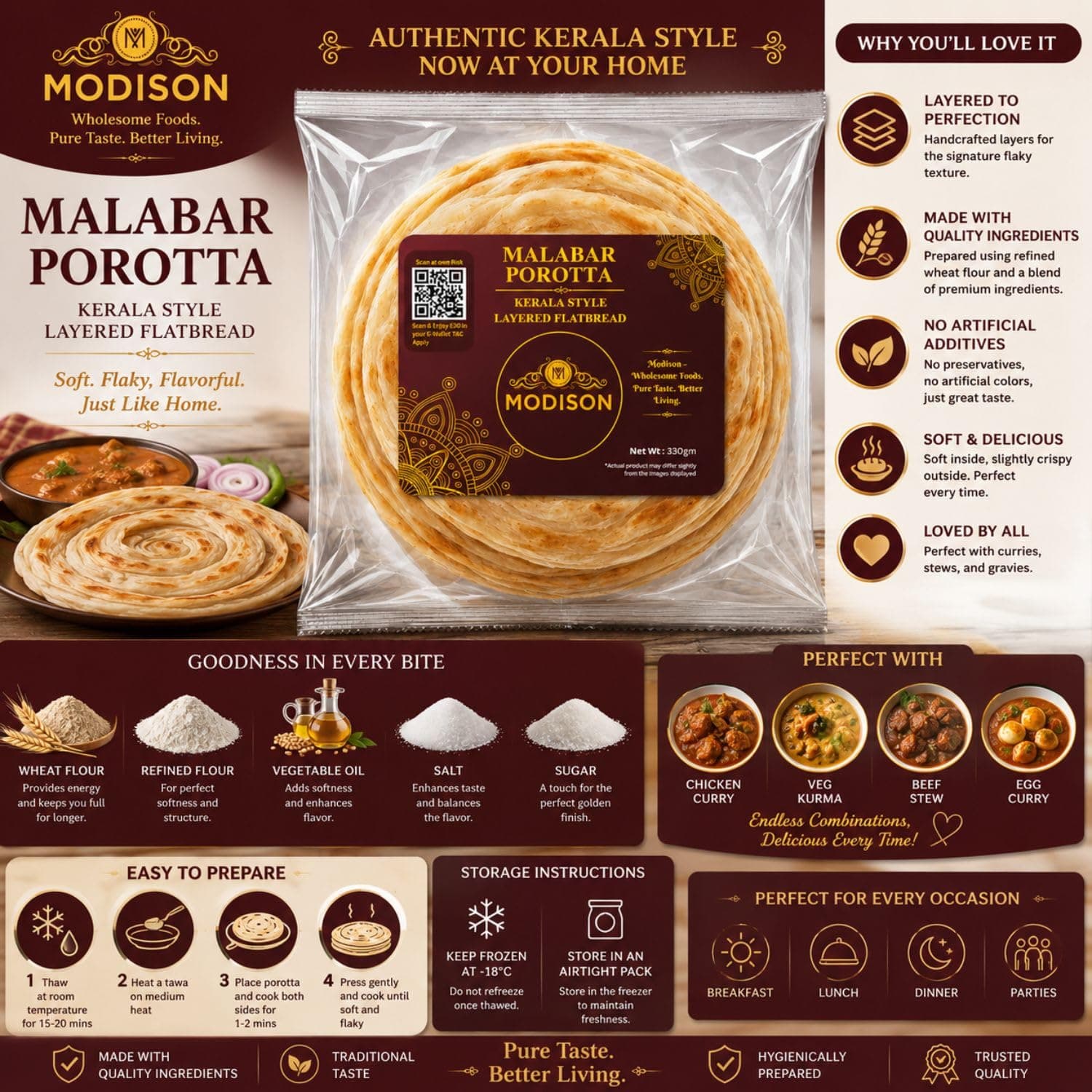 MODISON Malabar Porotta Traditional Layered Flatbread Frozen 330g by Modison, view 2