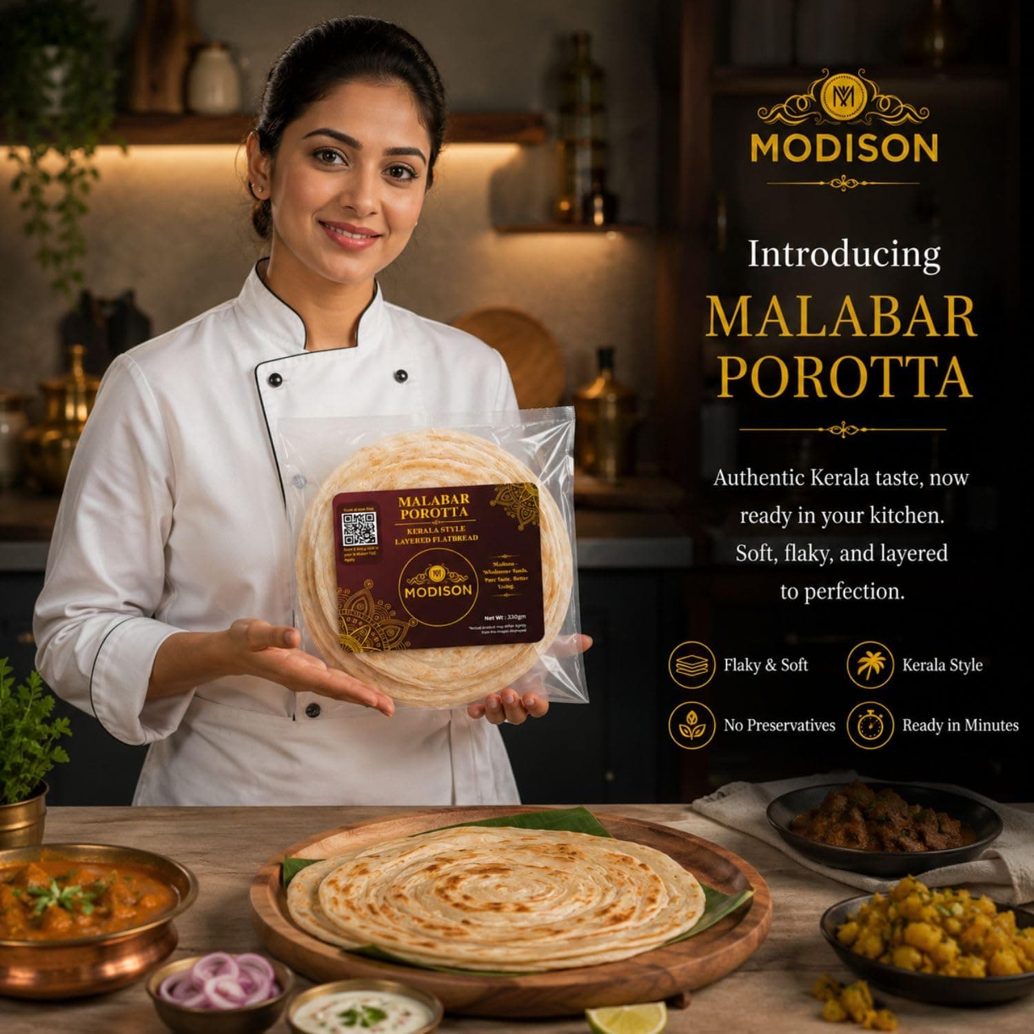 MODISON Malabar Porotta Traditional Layered Flatbread Frozen 330g by Modison, view 3