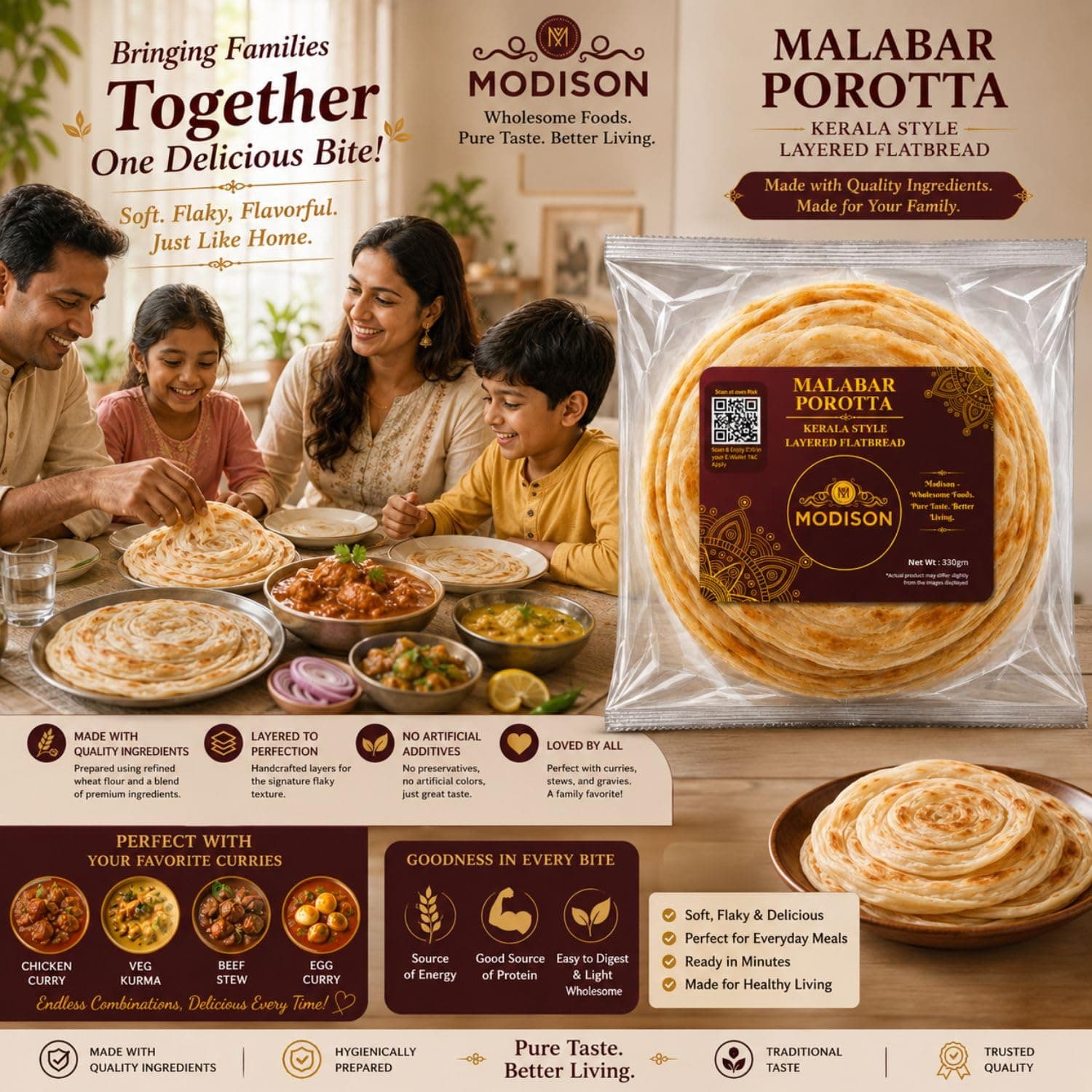 MODISON Malabar Porotta Traditional Layered Flatbread Frozen 330g by Modison, view 5