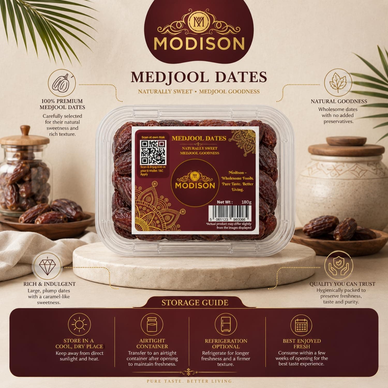 MODISON Medjool Dates Indian Dry Fruit Jumbo Khajoor Natural 180g by Modison, view 5