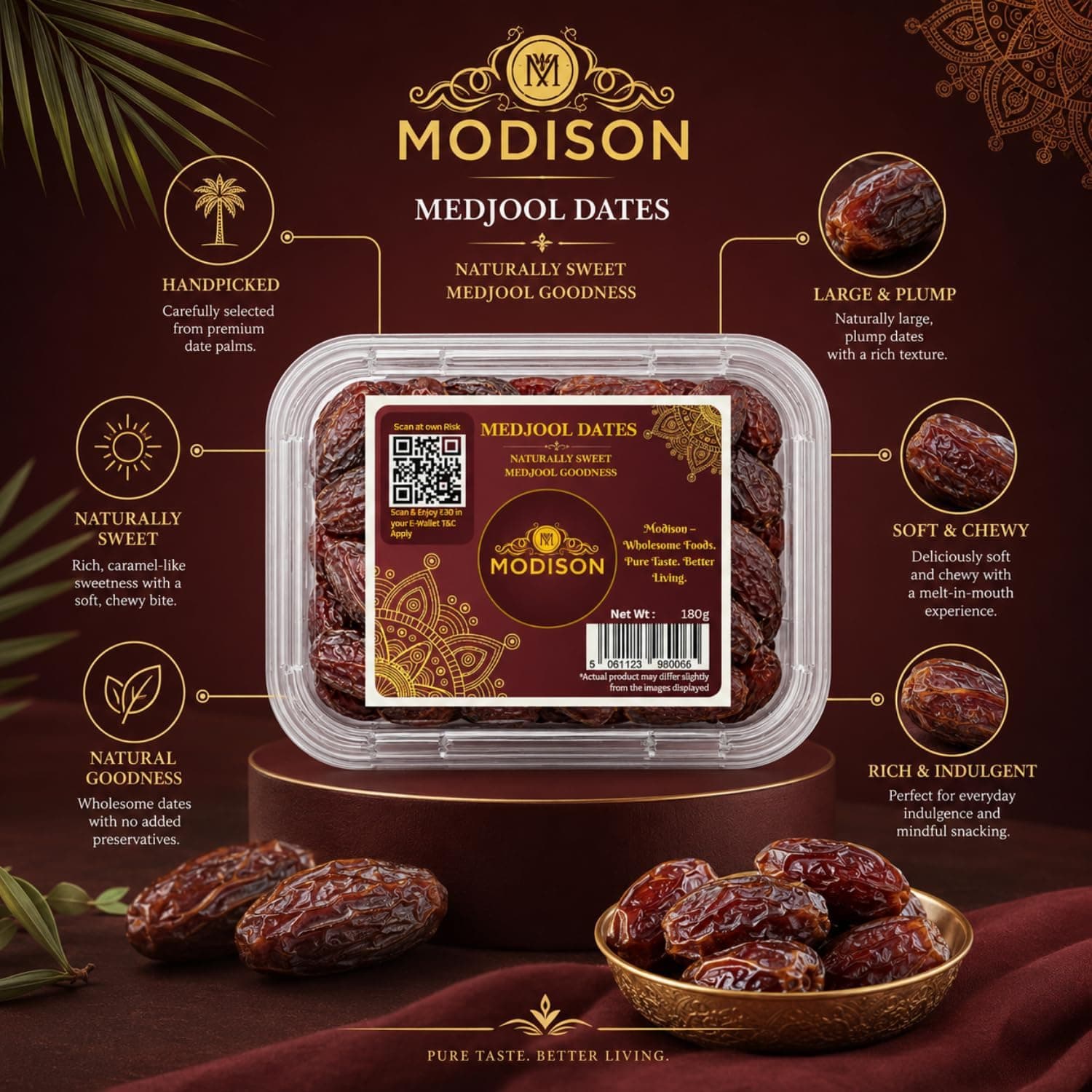 MODISON Medjool Dates Indian Dry Fruit Jumbo Khajoor Natural 180g by Modison, view 6