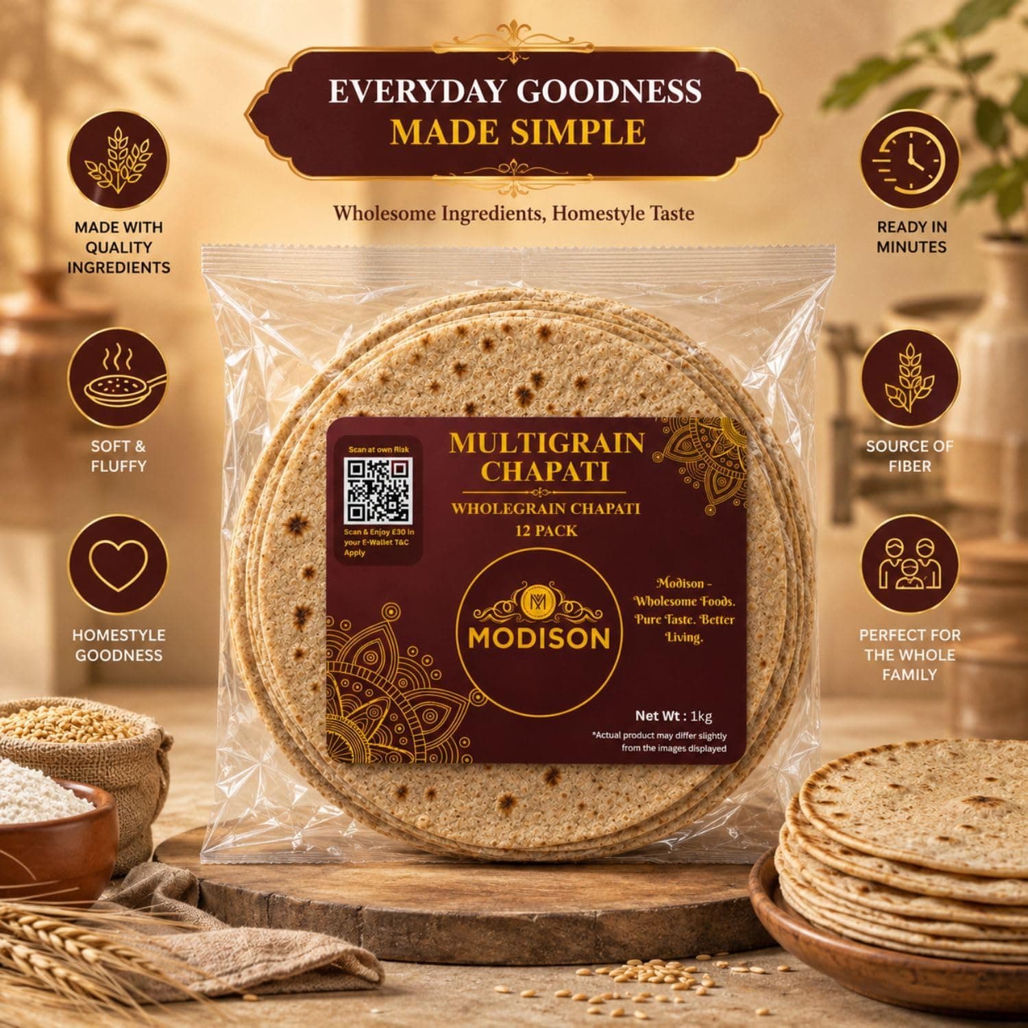 MODISON Multigrain Chapati 12 Pcs Frozen Indian Flatbread 1kg by Modison, view 4
